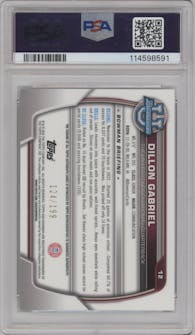 Dillon Gabriel from the 2022 Bowman University Chrome set featuring a Lava Refractor  parallel graded by PSA and given an overall grade of 10.