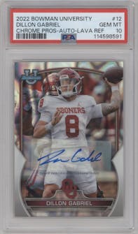 Dillon Gabriel from the 2022 Bowman University Chrome set featuring a Lava Refractor  parallel graded by PSA and given an overall grade of 10.
