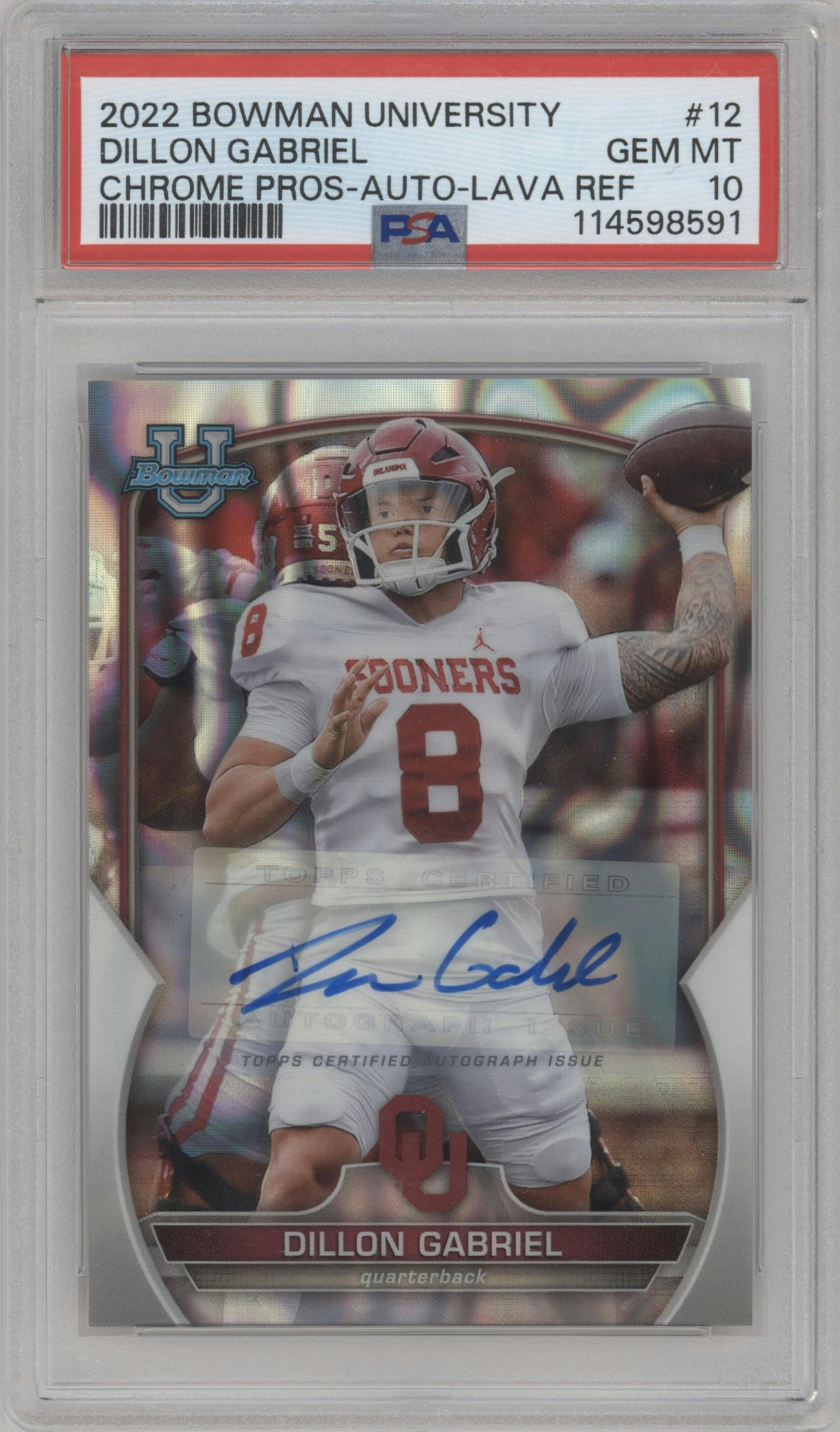 Dillon Gabriel from the 2022 Bowman University Chrome set featuring a Lava Refractor  parallel graded by PSA and given an overall grade of 10.