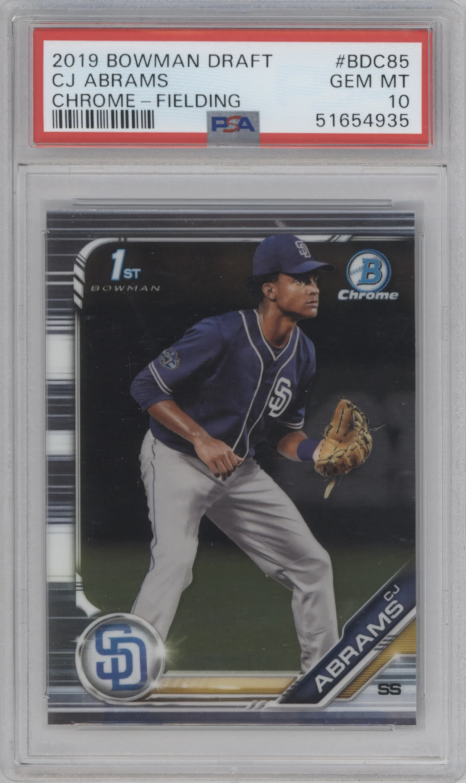 CJ Abrams from the 2019 Bowman Draft set graded by PSA and given an overall grade of 10.