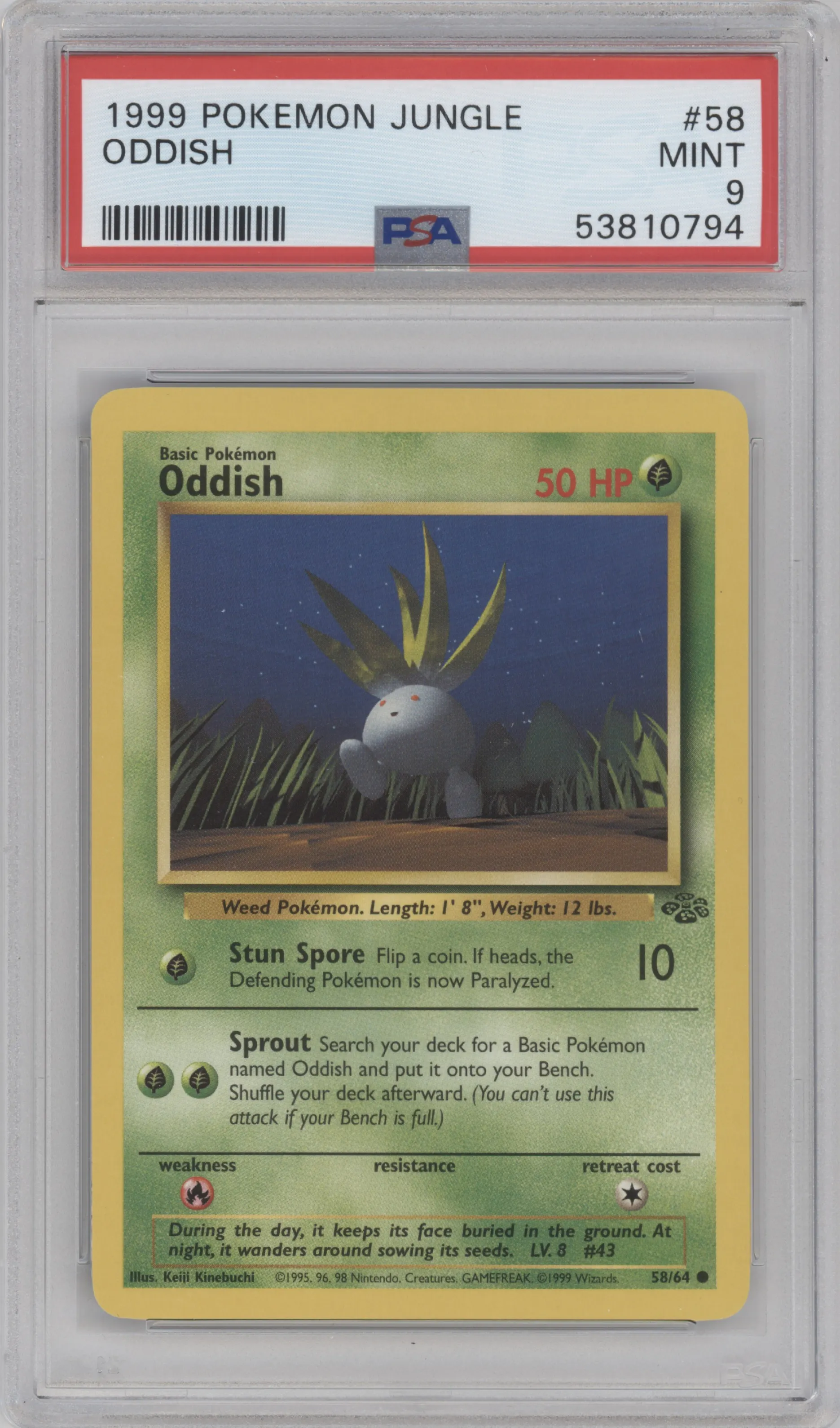 Oddish from the 1999 Pokemon set graded by PSA and given an overall grade of 9.
