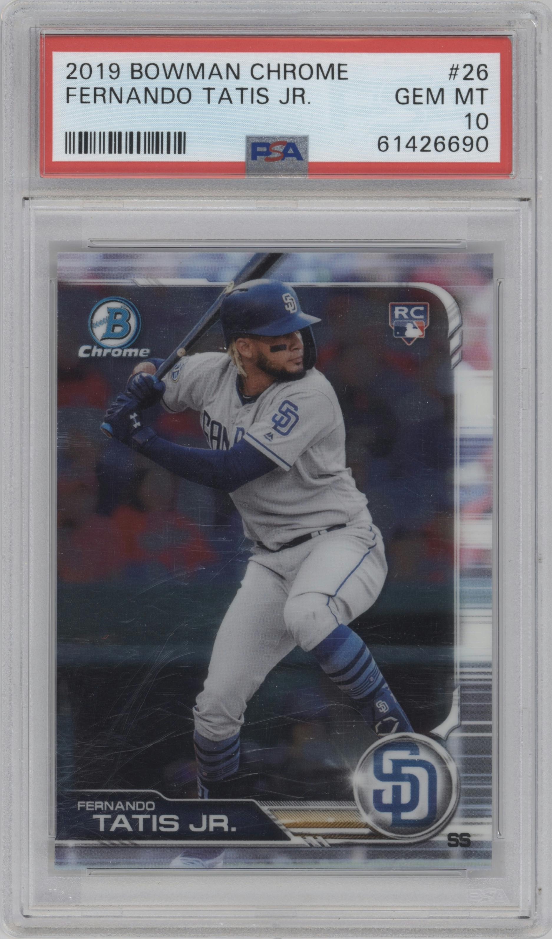 Fernando Tatis Jr. from the 2019 Bowman Chrome set graded by PSA and given an overall grade of 10.