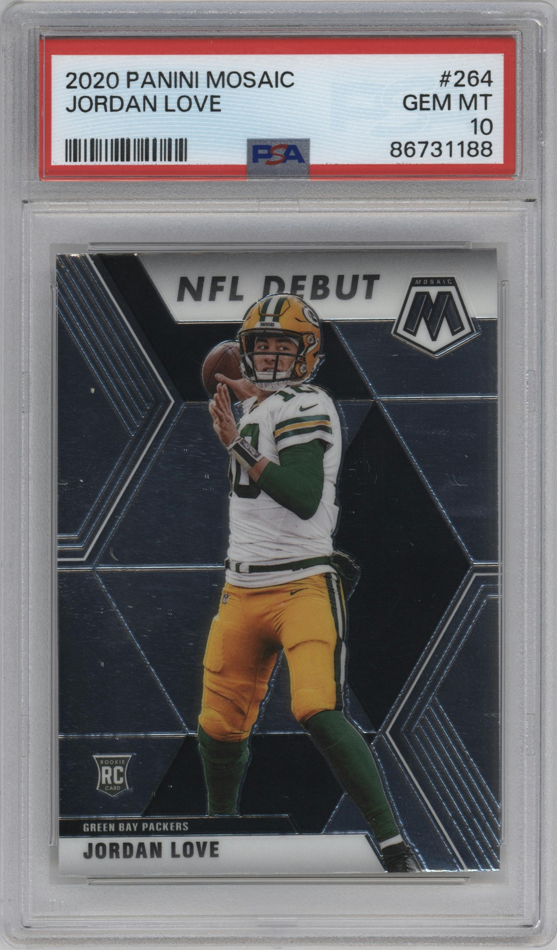 Jordan Love from the 2020 Panini Mosaic set graded by PSA and given an overall grade of 10.