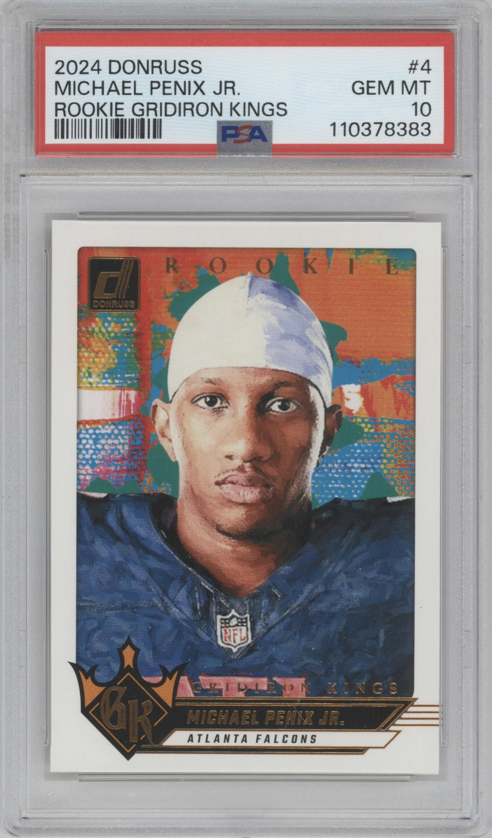 Michael Penix Jr. from the 2024 Donruss set graded by PSA and given an overall grade of 10.