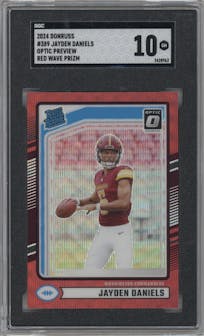 Jayden Daniels from the 2024 Donruss set featuring a Red Wave parallel graded by SGC and given an overall grade of 10.
