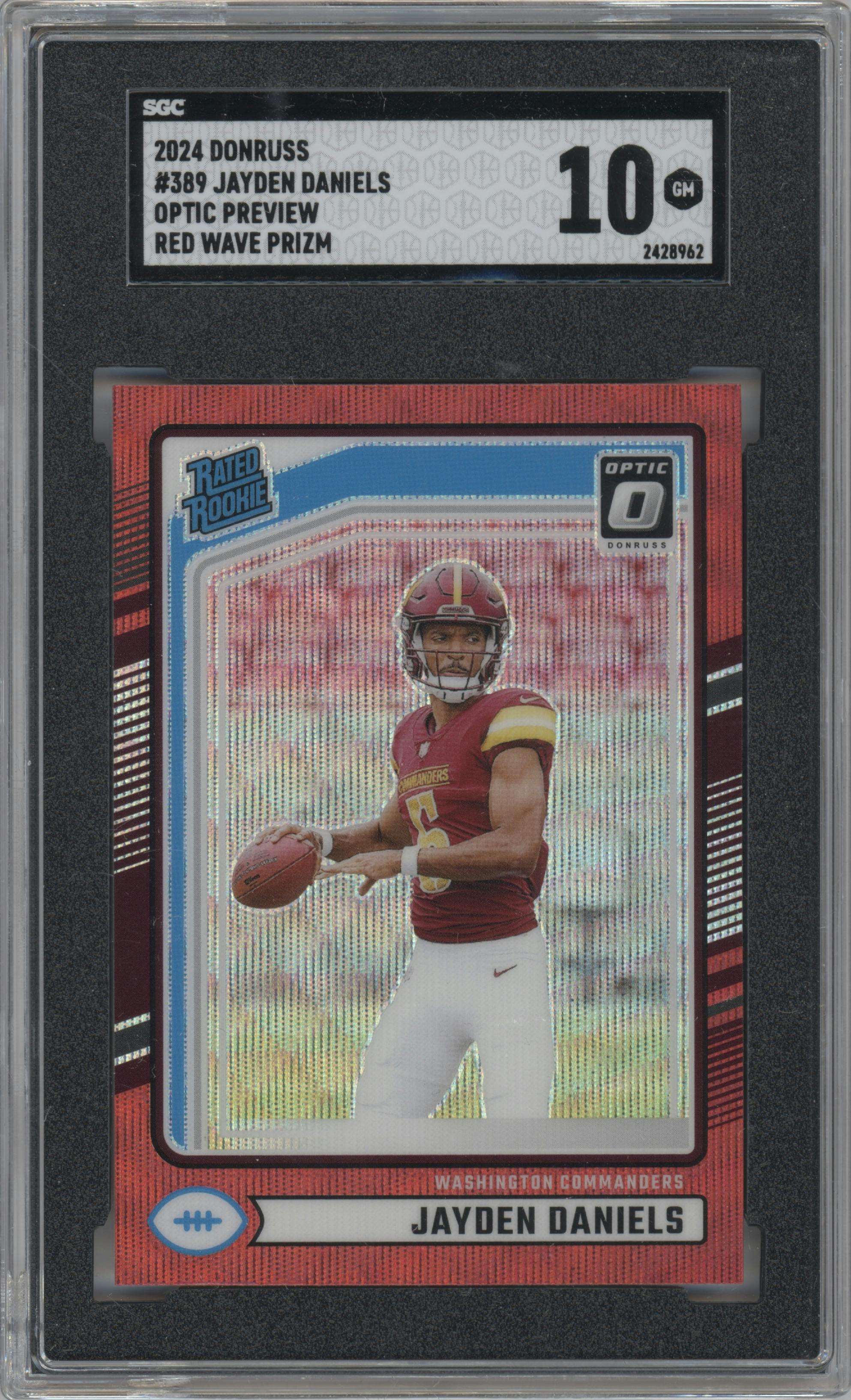 Jayden Daniels from the 2024 Donruss set featuring a Red Wave parallel graded by SGC and given an overall grade of 10.