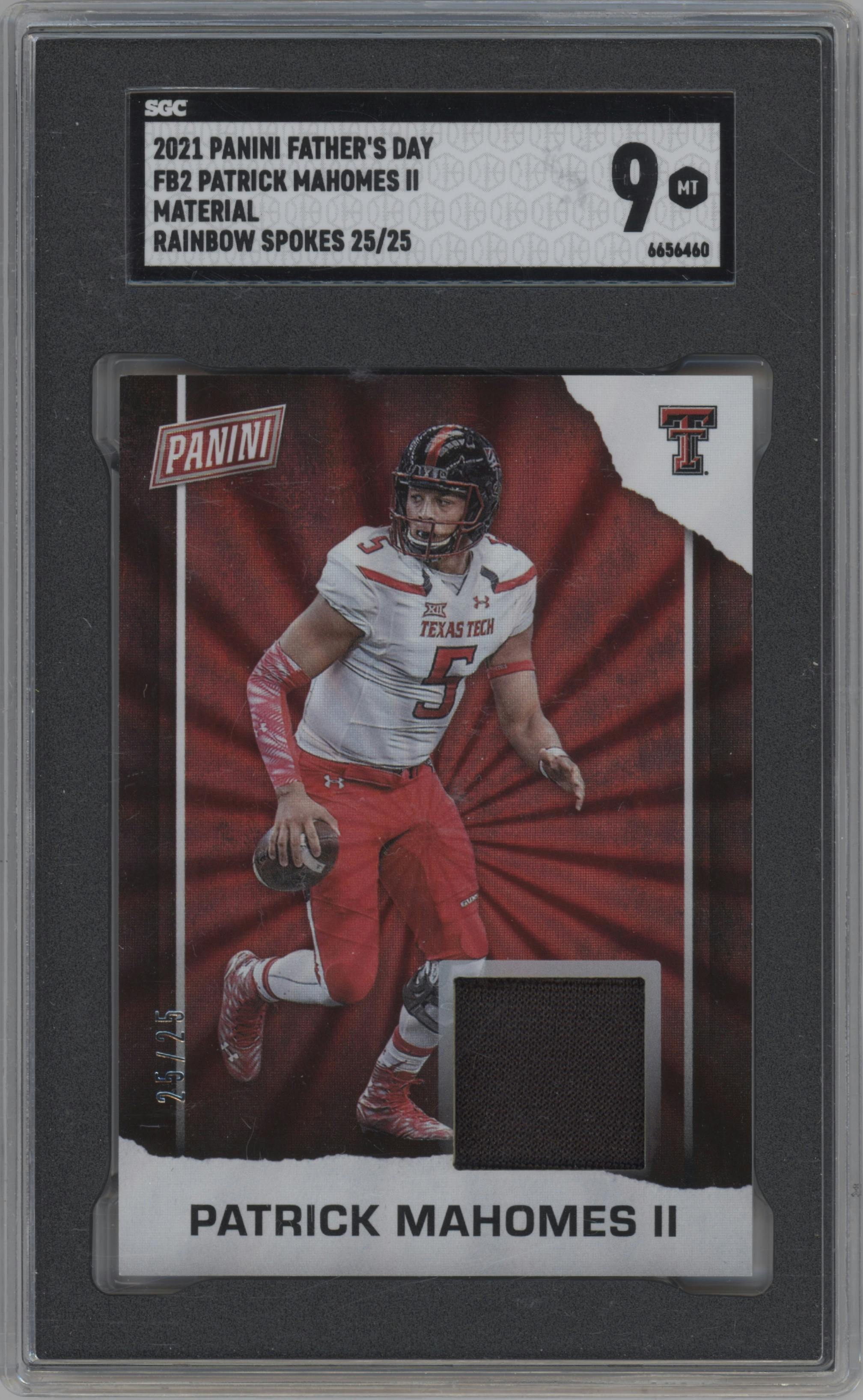 Patrick Mahomes II from the 2021 Panini Father's Day set featuring a Rainbow Spokes Memorabilia parallel graded by SGC and given an overall grade of 9.