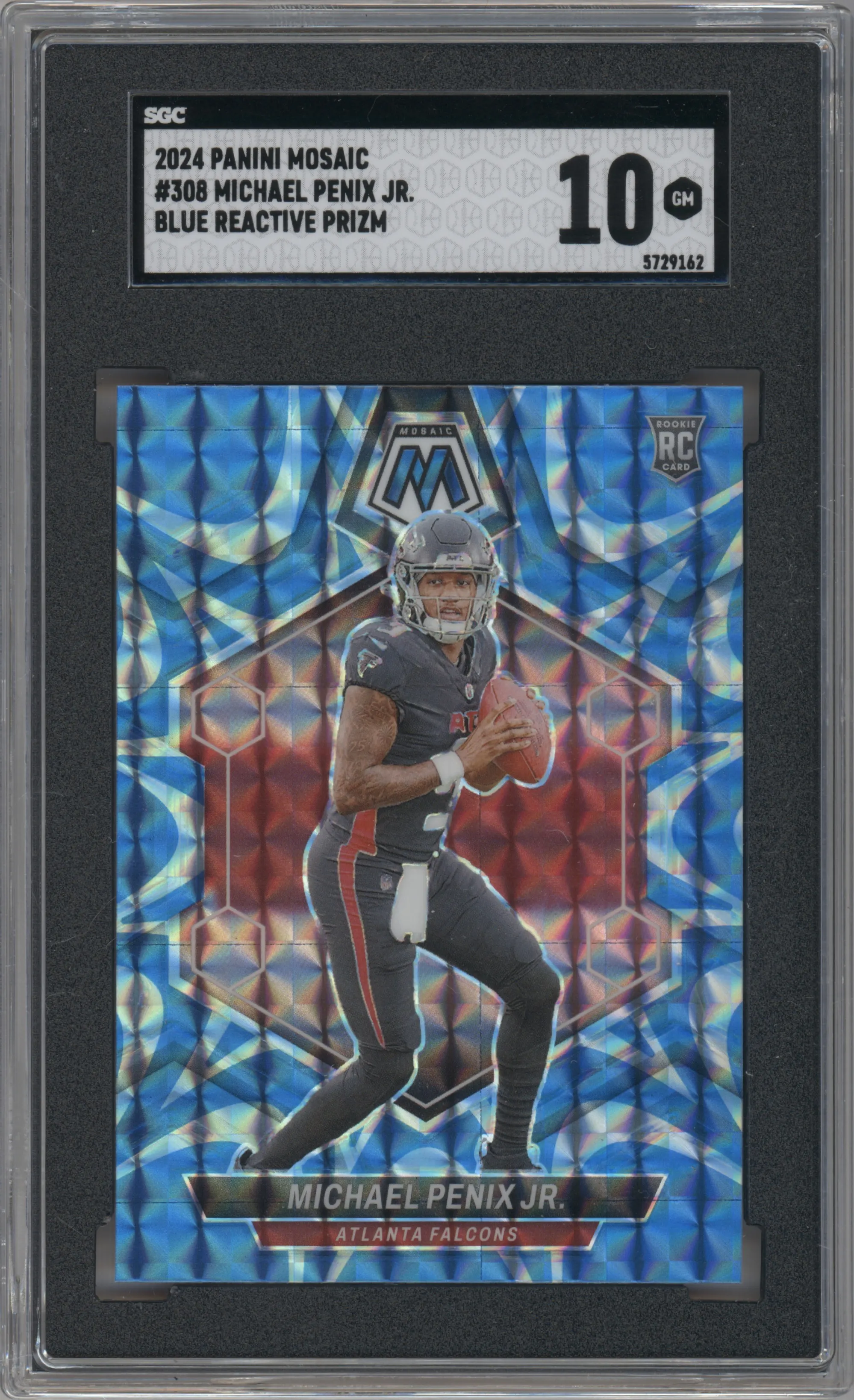 Michael Penix Jr. from the 2024 Panini Mosaic set featuring a Reactive Blue parallel graded by SGC and given an overall grade of 10.