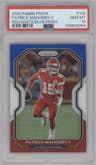 Patrick Mahomes II from the 2020 Panini Prizm set featuring a Red/White/Blue Prizm parallel graded by PSA and given an overall grade of 10.