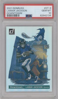Lamar Jackson from the 2021 Panini Donruss set graded by PSA and given an overall grade of 10.