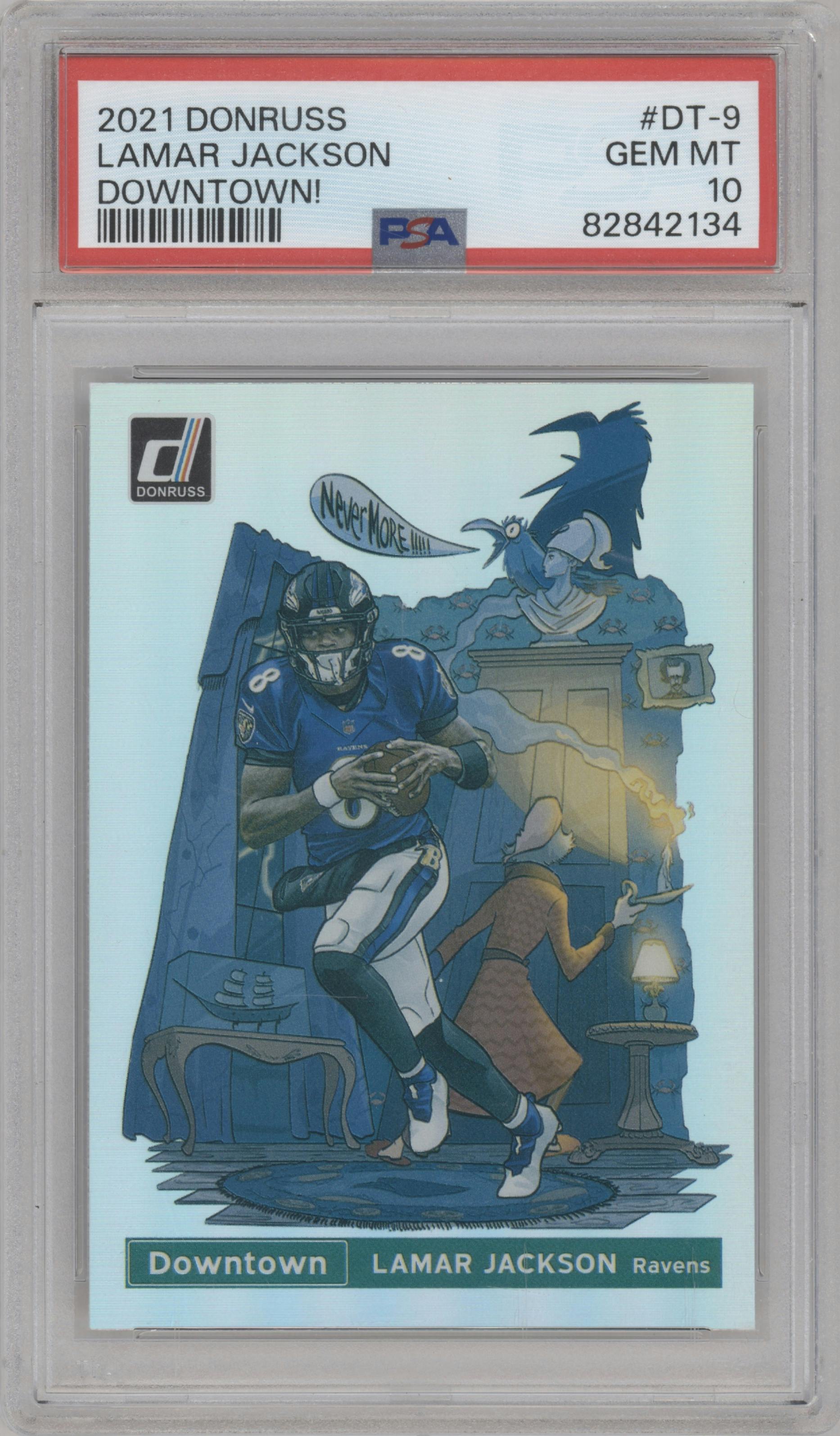 Lamar Jackson from the 2021 Panini Donruss set graded by PSA and given an overall grade of 10.