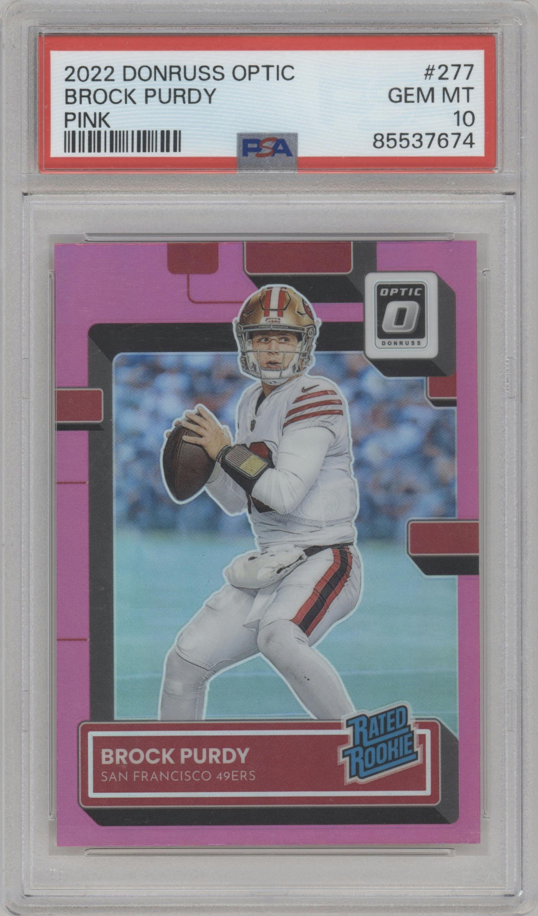 Brock Purdy from the 2022 Panini Donruss Optic set featuring a Pink parallel graded by PSA and given an overall grade of 10.