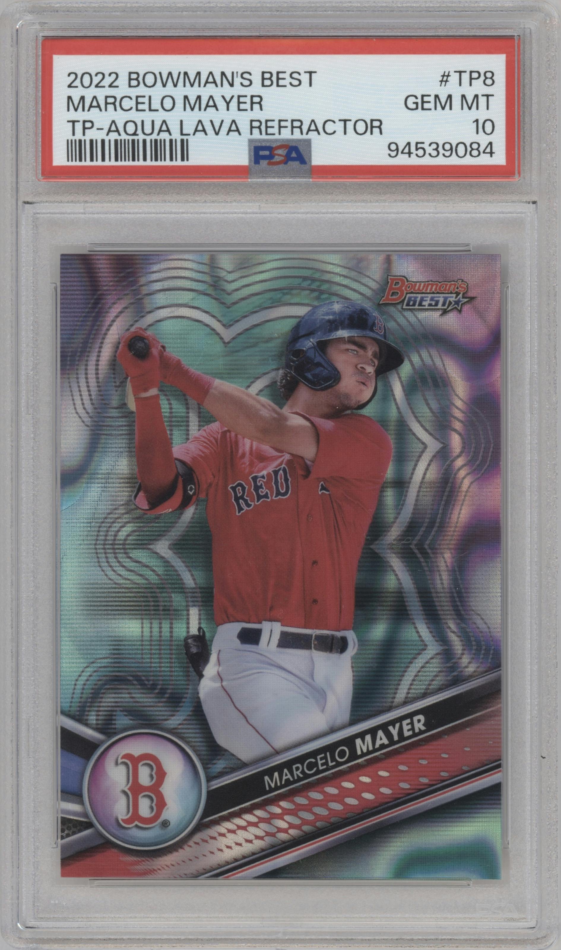 Marcelo Mayer from the 2022 Bowman’s Best   set featuring a Aqua Lava Refractor parallel graded by PSA and given an overall grade of 10.