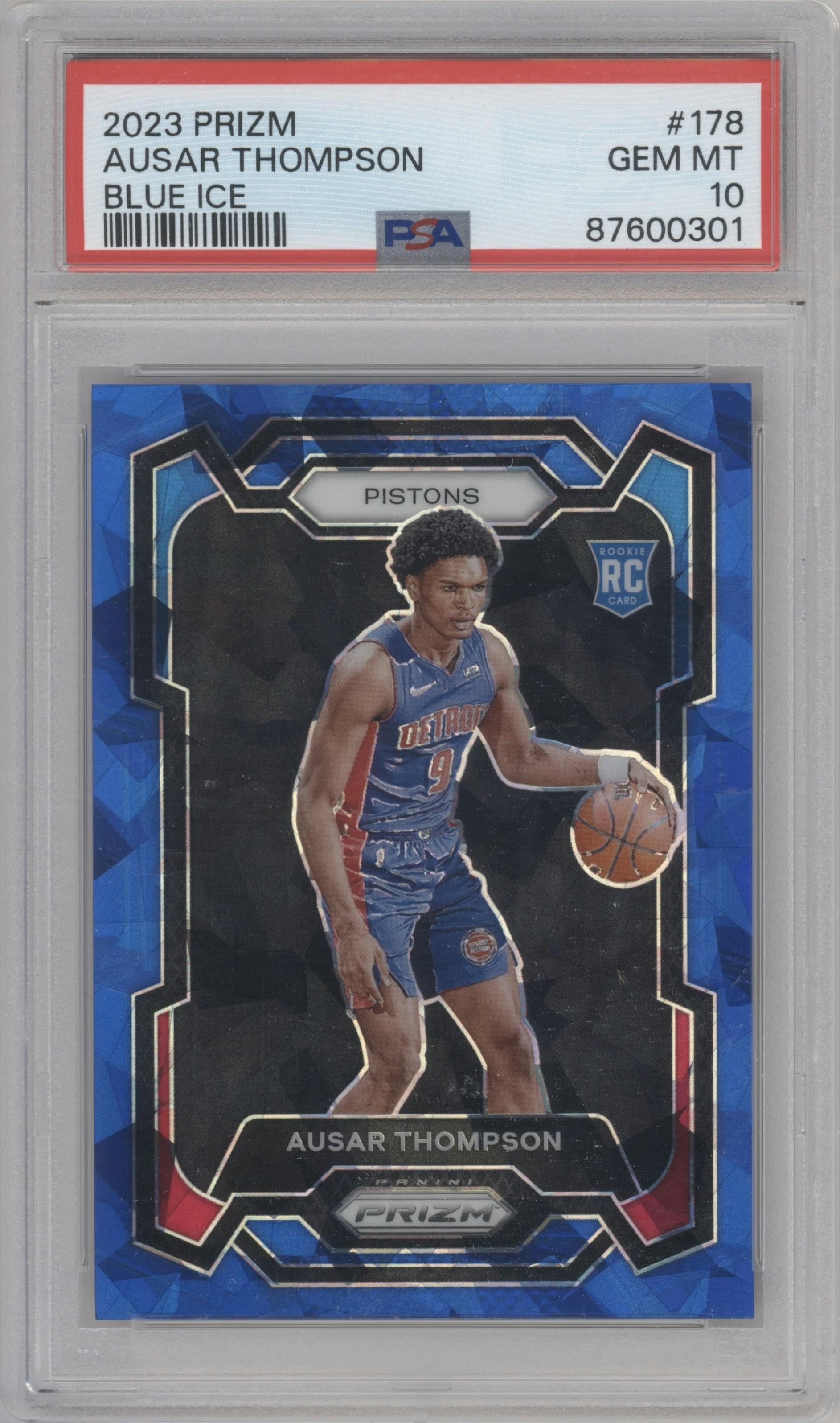 Ausar Thompson from the 2023-24 Panini Prizm set featuring a Blue Ice parallel graded by PSA and given an overall grade of 10.
