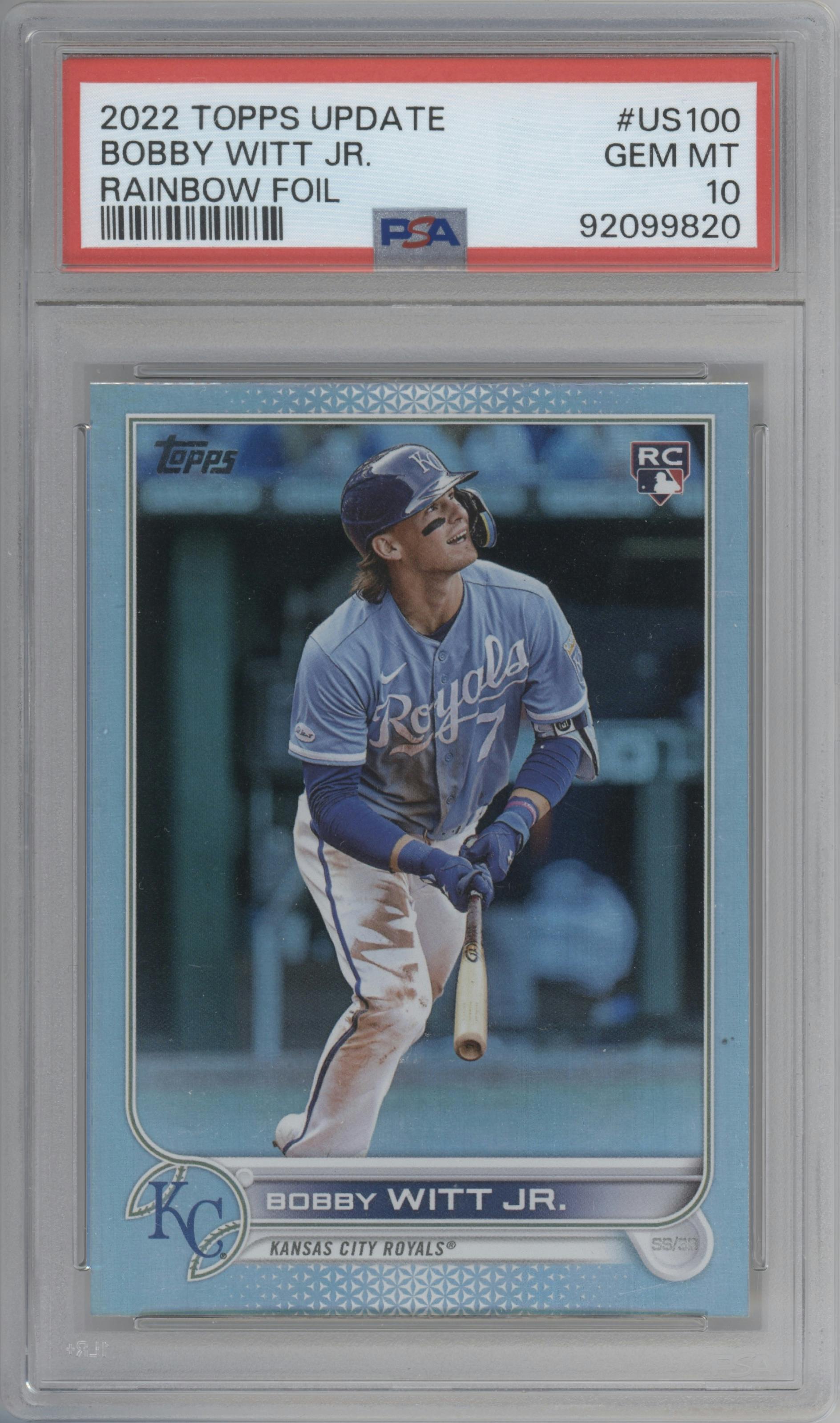 Bobby Witt Jr. from the 2022 Topps Update  set featuring a Rainbow Foil parallel graded by PSA and given an overall grade of 10.