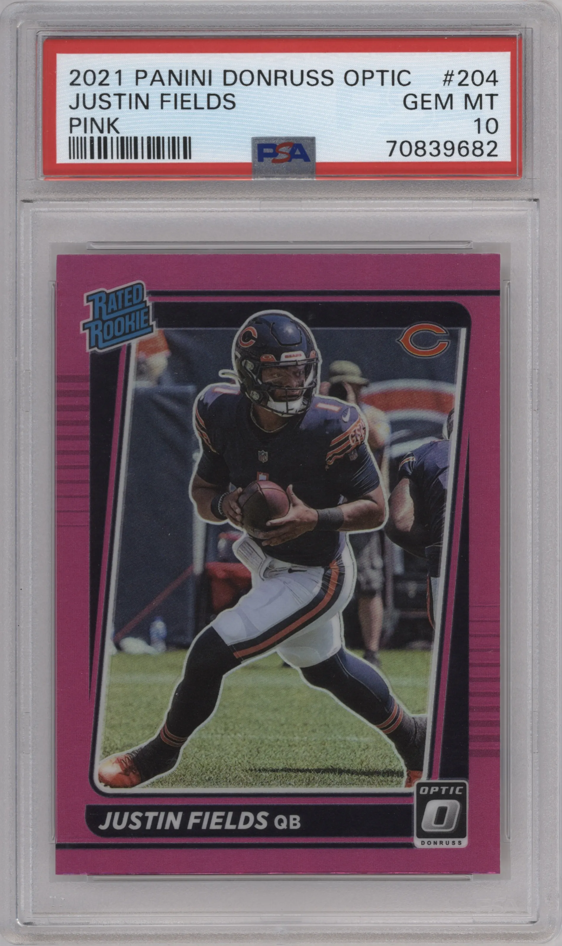 Justin Fields from the 2021 Panini Donruss Optic set featuring a Pink parallel graded by PSA and given an overall grade of 10.