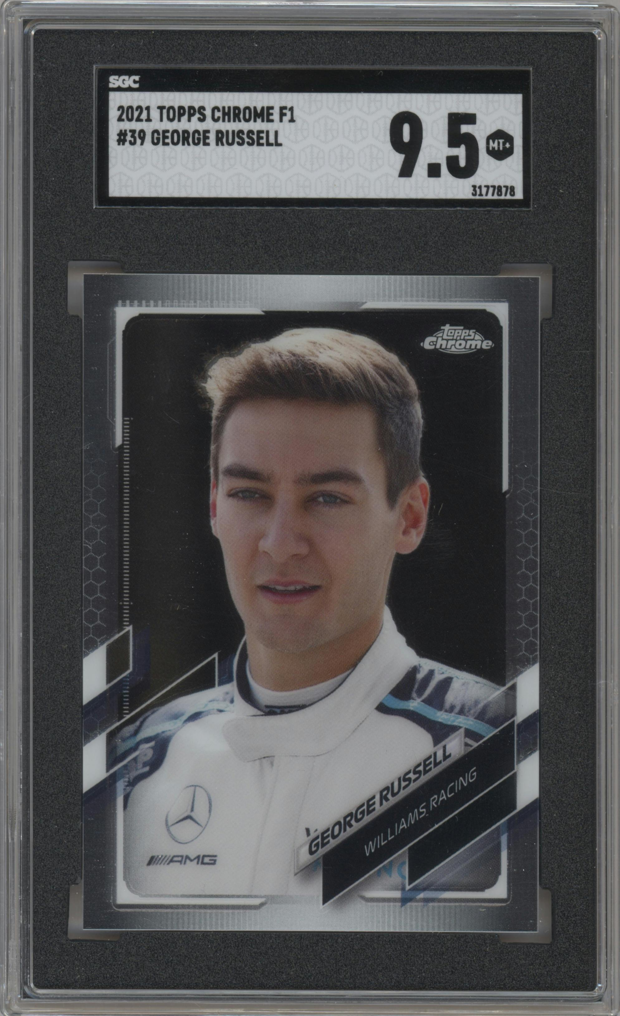 George Russell from the 2021 Topps Chrome F1  set graded by SGC and given an overall grade of 9.5.