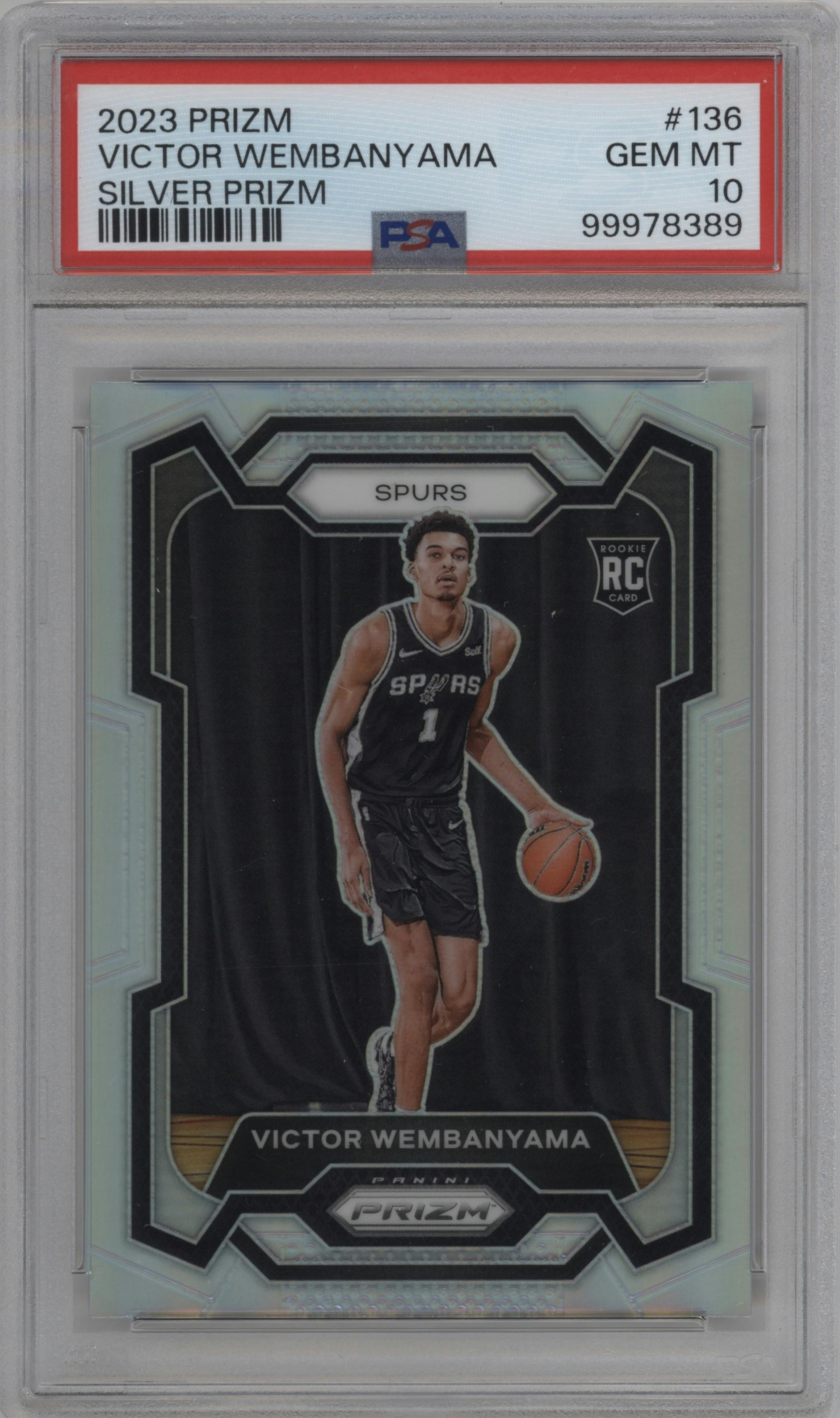 Victor Wembanyama from the 2023-24 Panini Prizm set featuring a Silver Prizm  parallel graded by PSA and given an overall grade of 10.