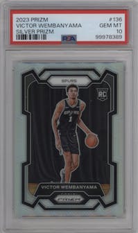 Victor Wembanyama from the 2023-24 Panini Prizm set featuring a Silver Prizm parallel graded by PSA and given an overall grade of 10.