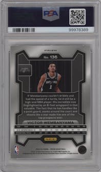 Victor Wembanyama from the 2023-24 Panini Prizm set featuring a Silver Prizm  parallel graded by PSA and given an overall grade of 10.