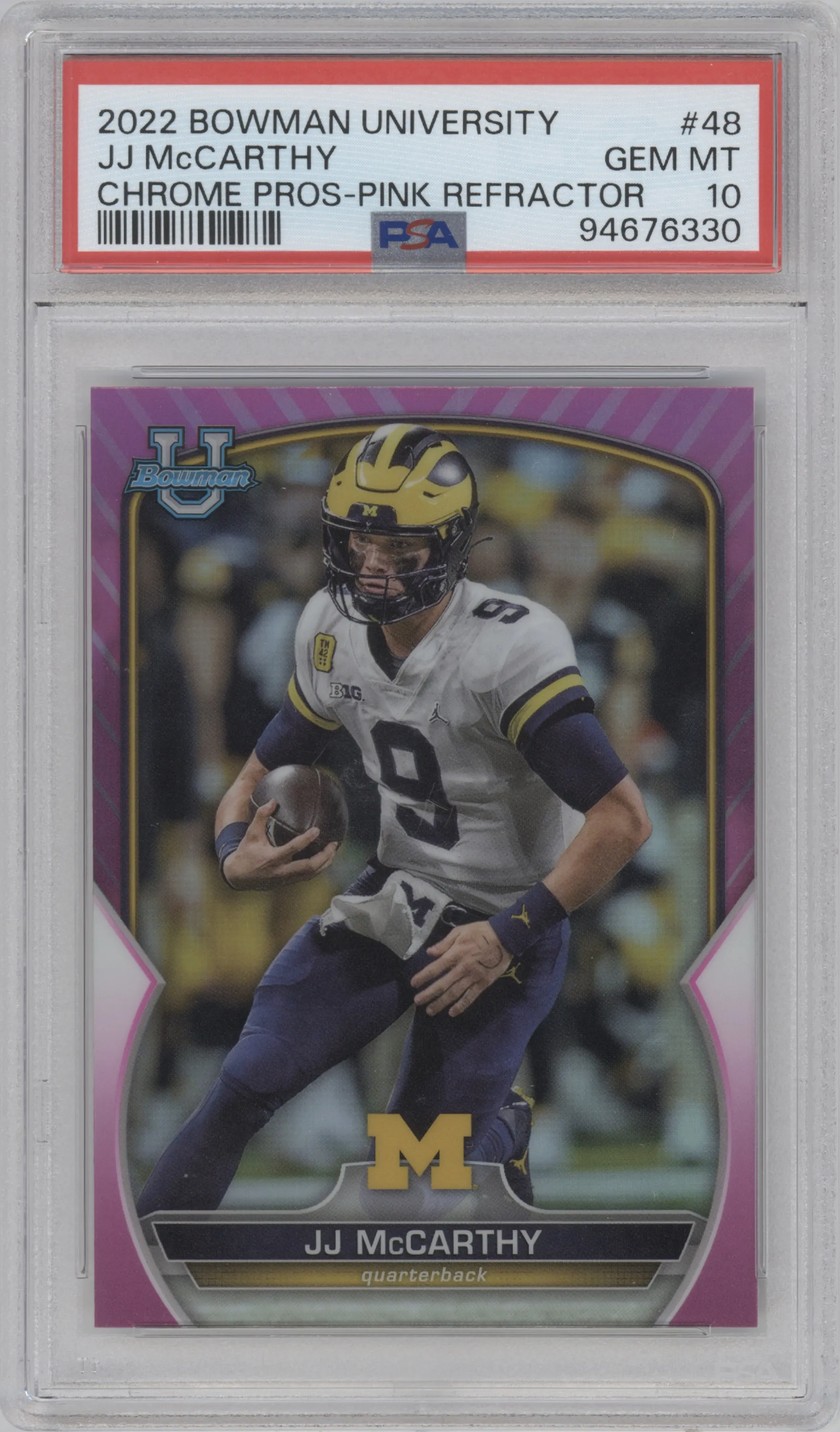 JJ McCarthy from the 2022 Bowman University Chrome set featuring a Pink Refractor parallel graded by PSA and given an overall grade of 10.