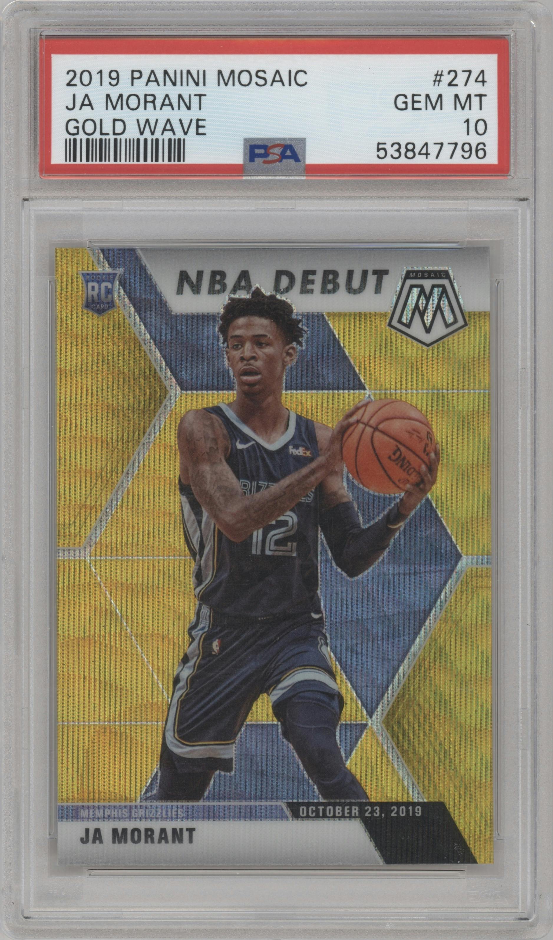 Ja Morant from the 2019-20 Panini Mosaic  set featuring a Gold Wave parallel graded by PSA and given an overall grade of 10.