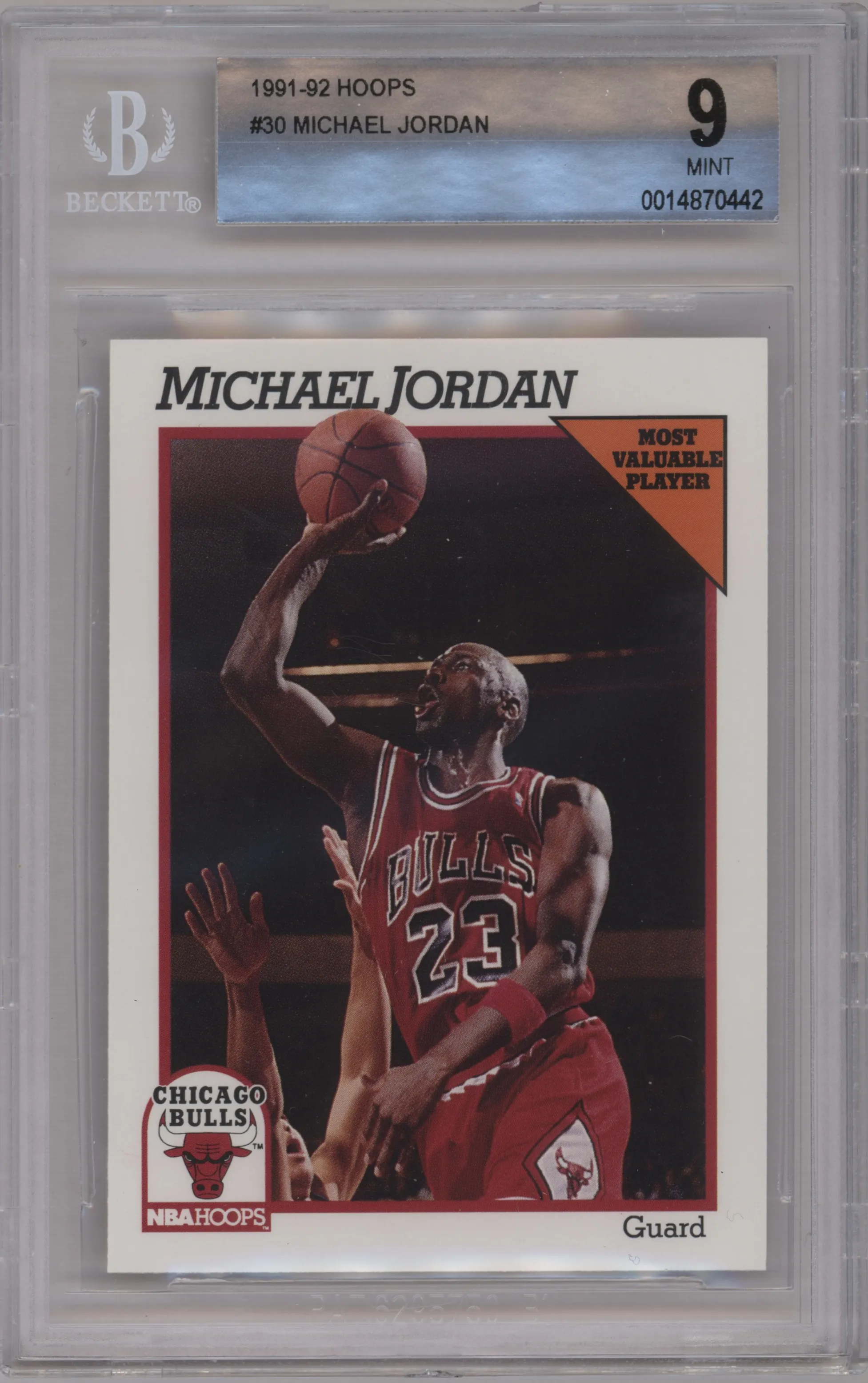Michael Jordan from the 1991-92 NBA Hoops set graded by Beckett and given an overall grade of 9.