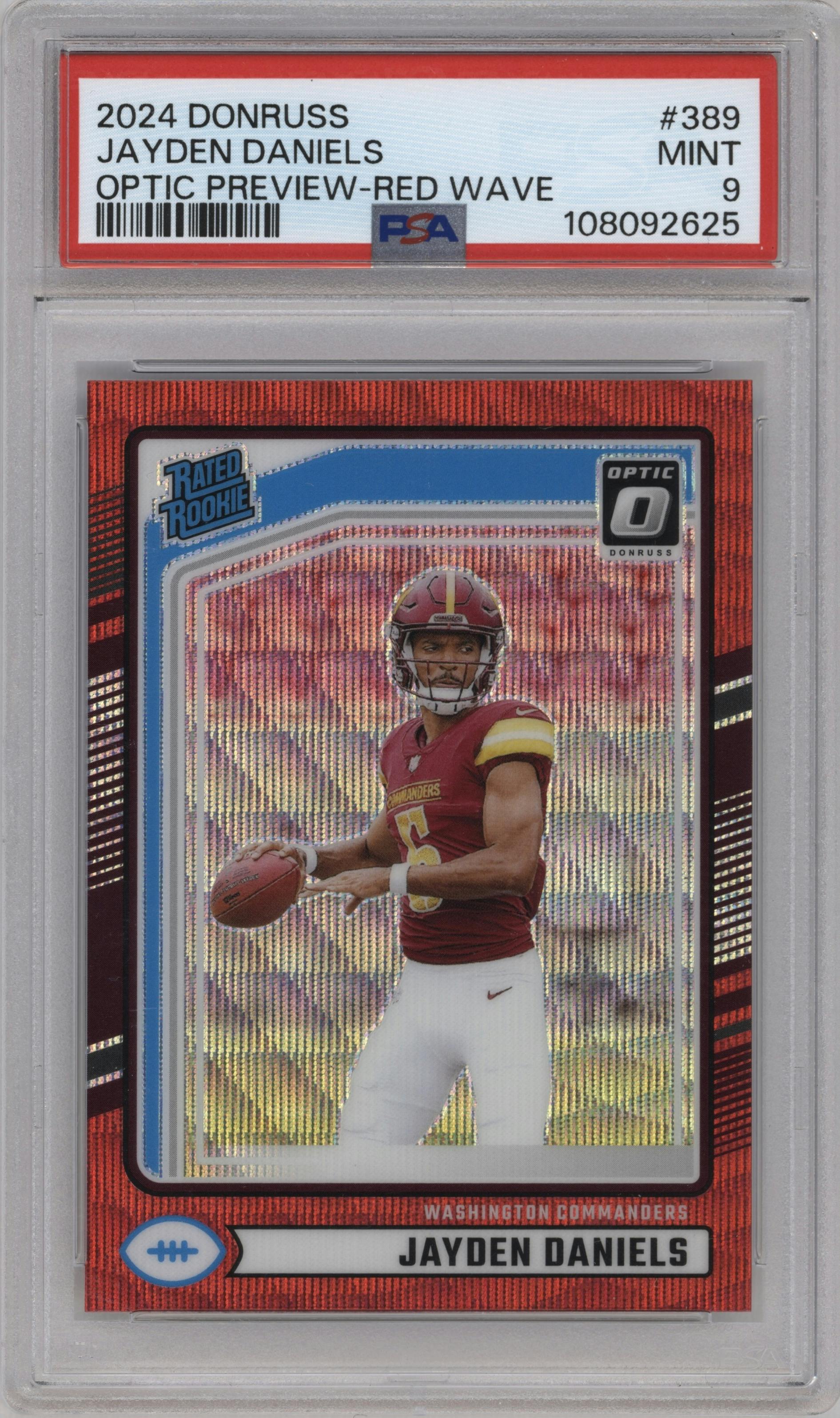 Jayden Daniels from the 2024 Donruss set featuring a Red Wave parallel graded by PSA and given an overall grade of 9.