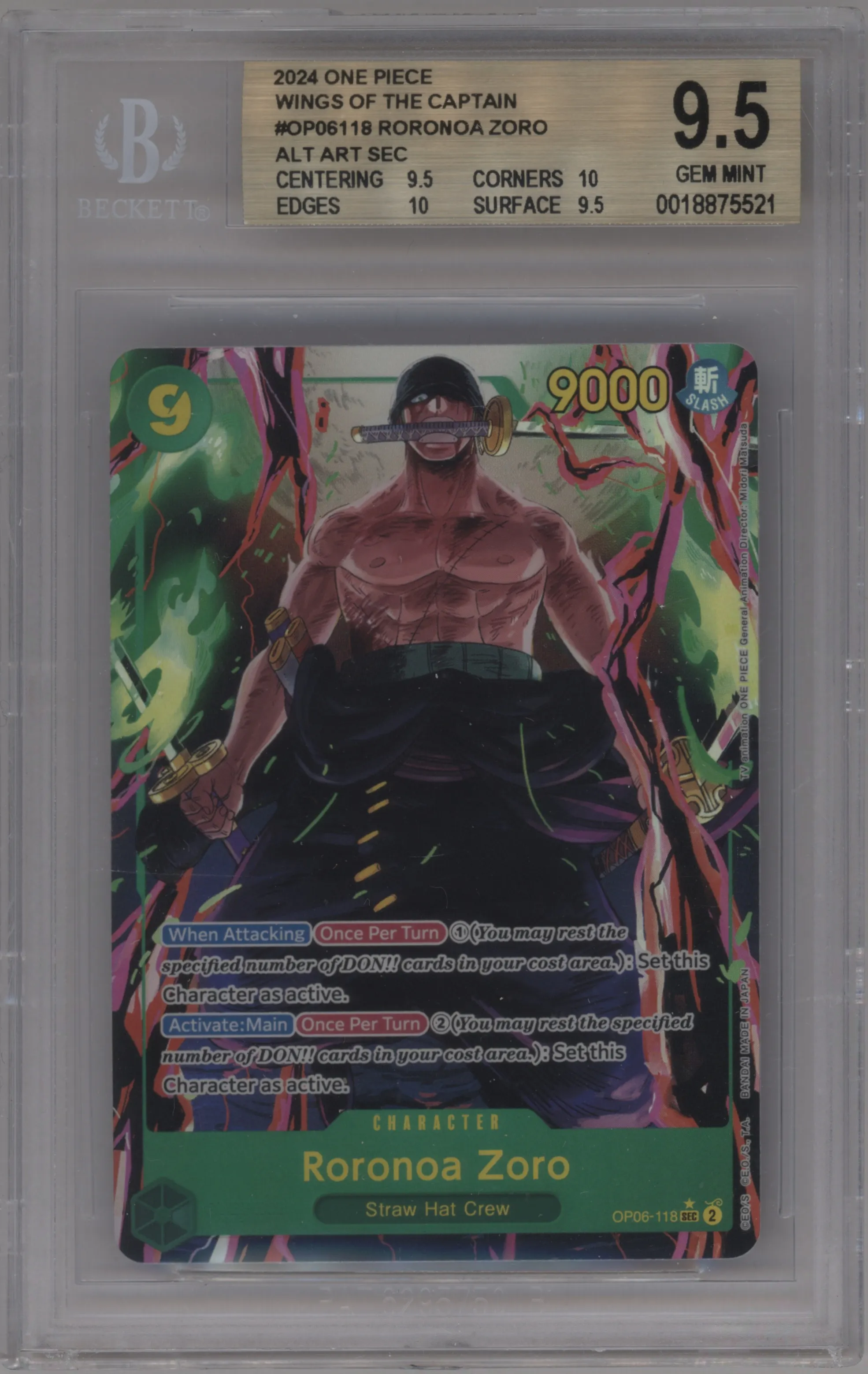 2024 One Piece Wings of the Captain Roronoa Zoro Alternate Art BGS 9.5