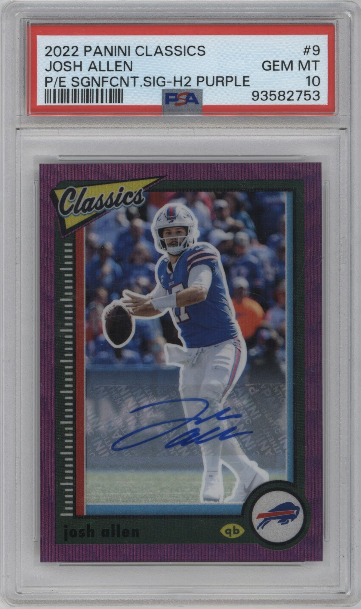 Josh Allen  from the 2022 Panini Classics set featuring a H2 Purple  parallel graded by PSA and given an overall grade of 10.