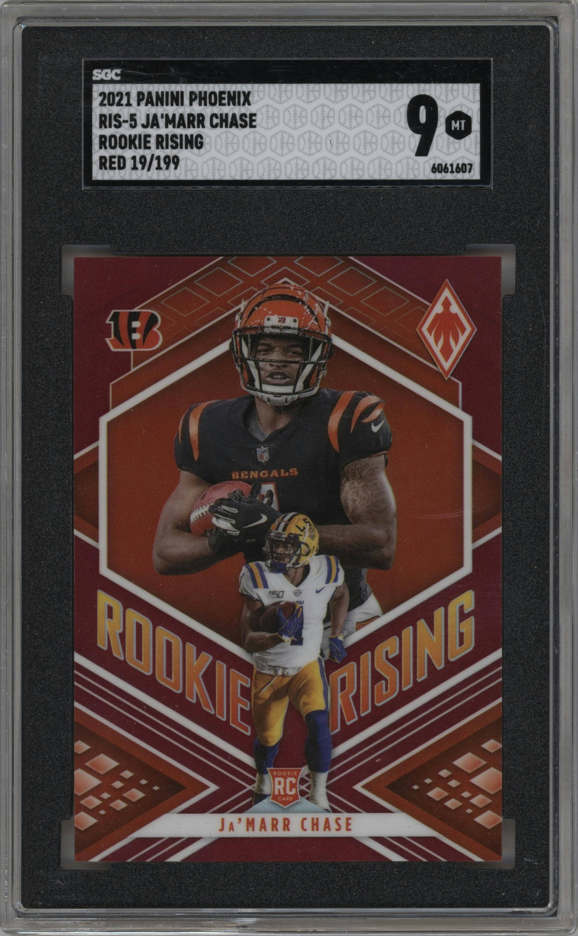Ja'Marr Chase from the 2021 Panini Phoenix set featuring a Red parallel graded by SGC and given an overall grade of 9.