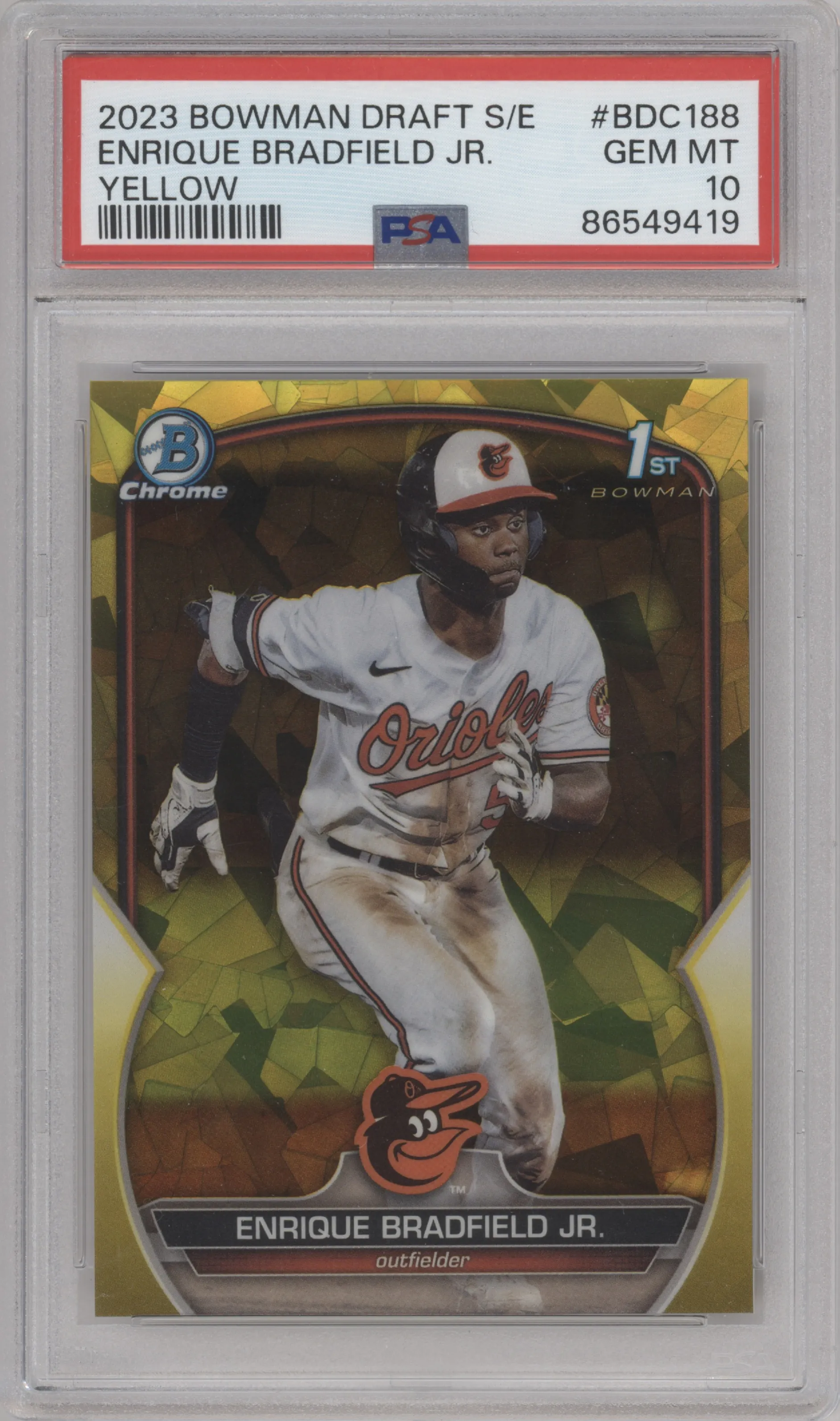 Enrique Bradfield Jr. from the 2023 Bowman Draft Sapphire set featuring a Yellow parallel graded by PSA and given an overall grade of 10.