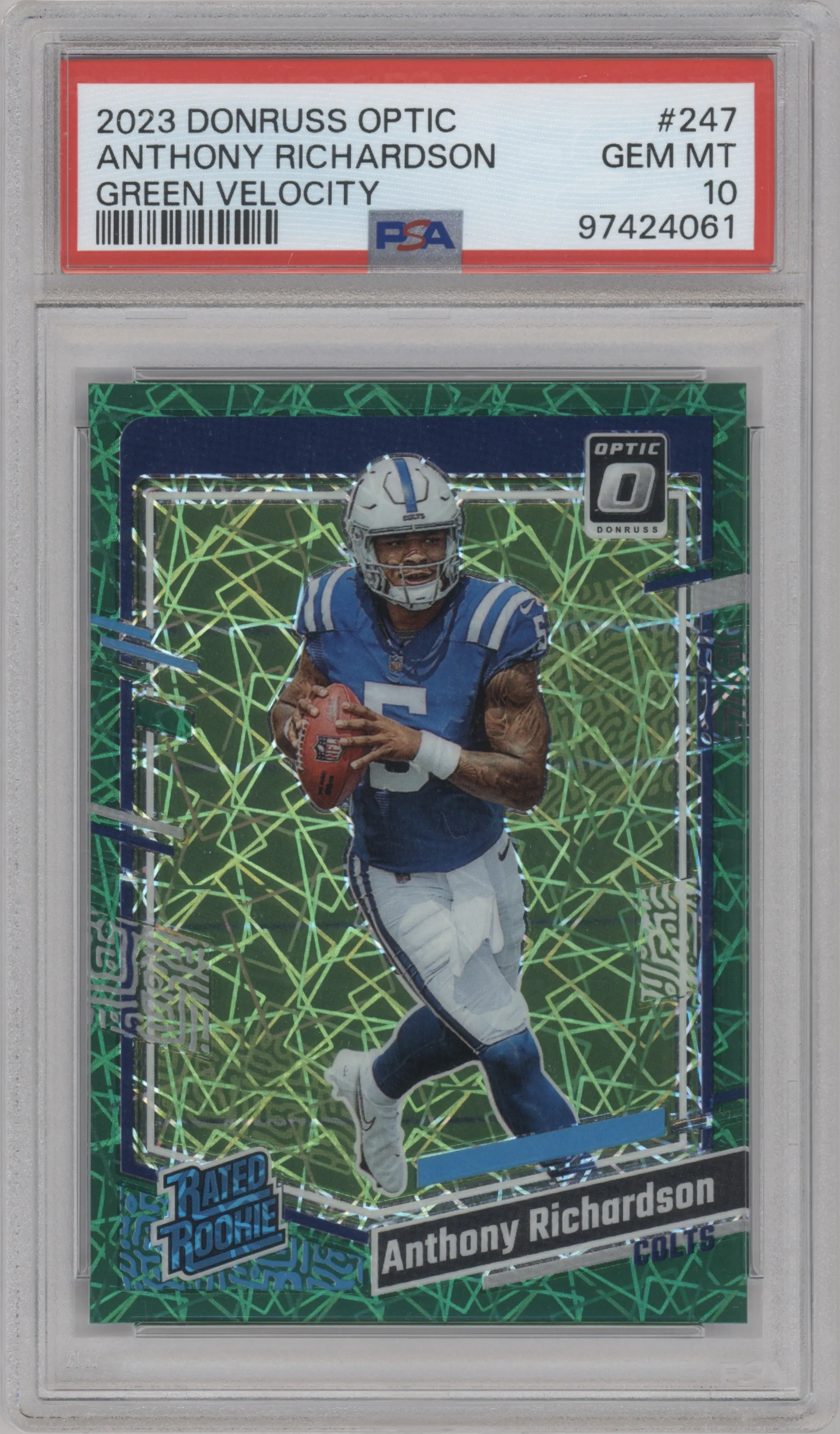 Anthony Richardson from the 2023 Donruss Optic set featuring a Green Velocity parallel graded by PSA and given an overall grade of 10.