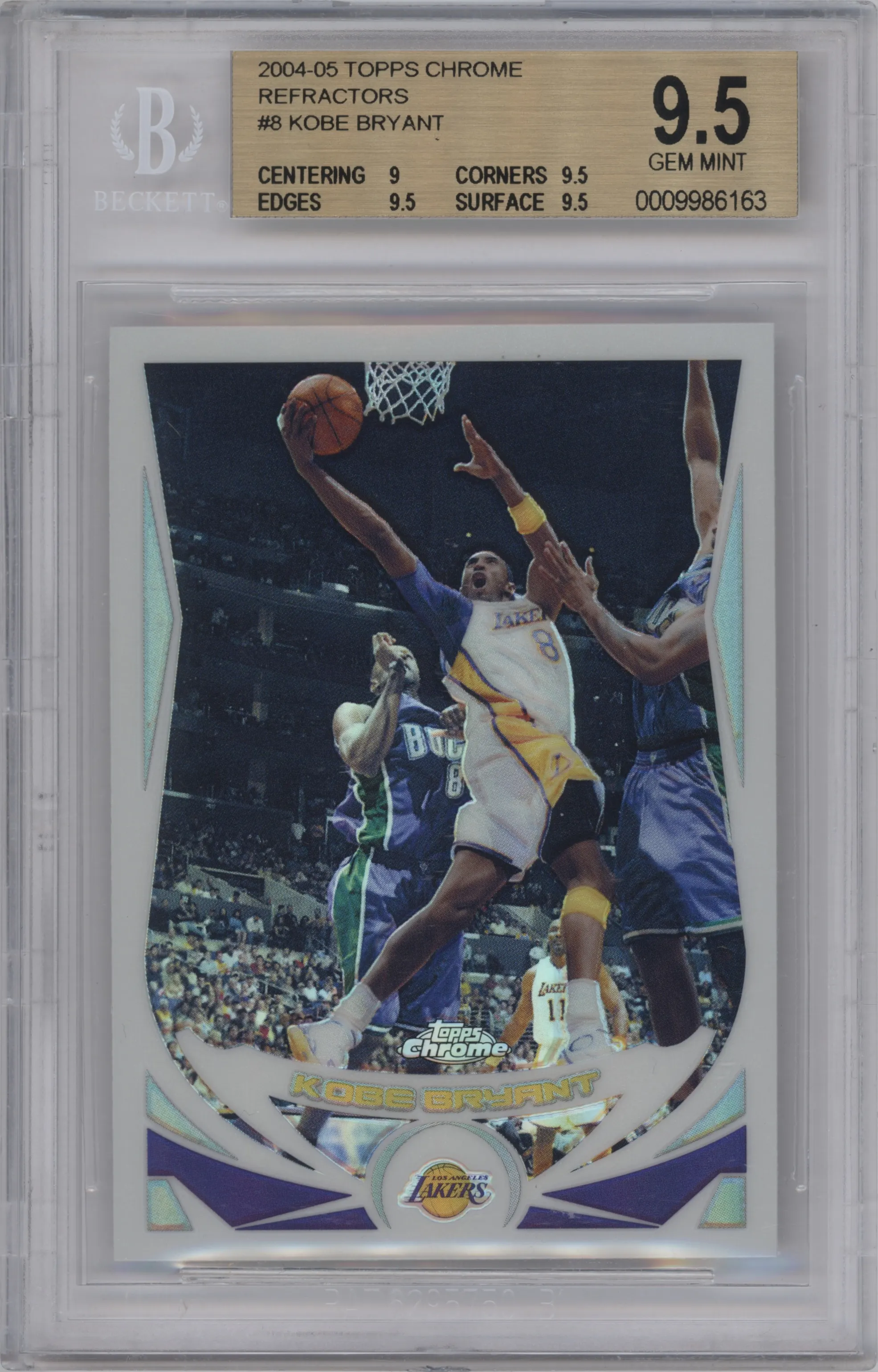 Kobe Bryant  from the 2004-05 Topps Chrome set featuring a Refractor parallel graded by Beckett and given an overall grade of 9.5.