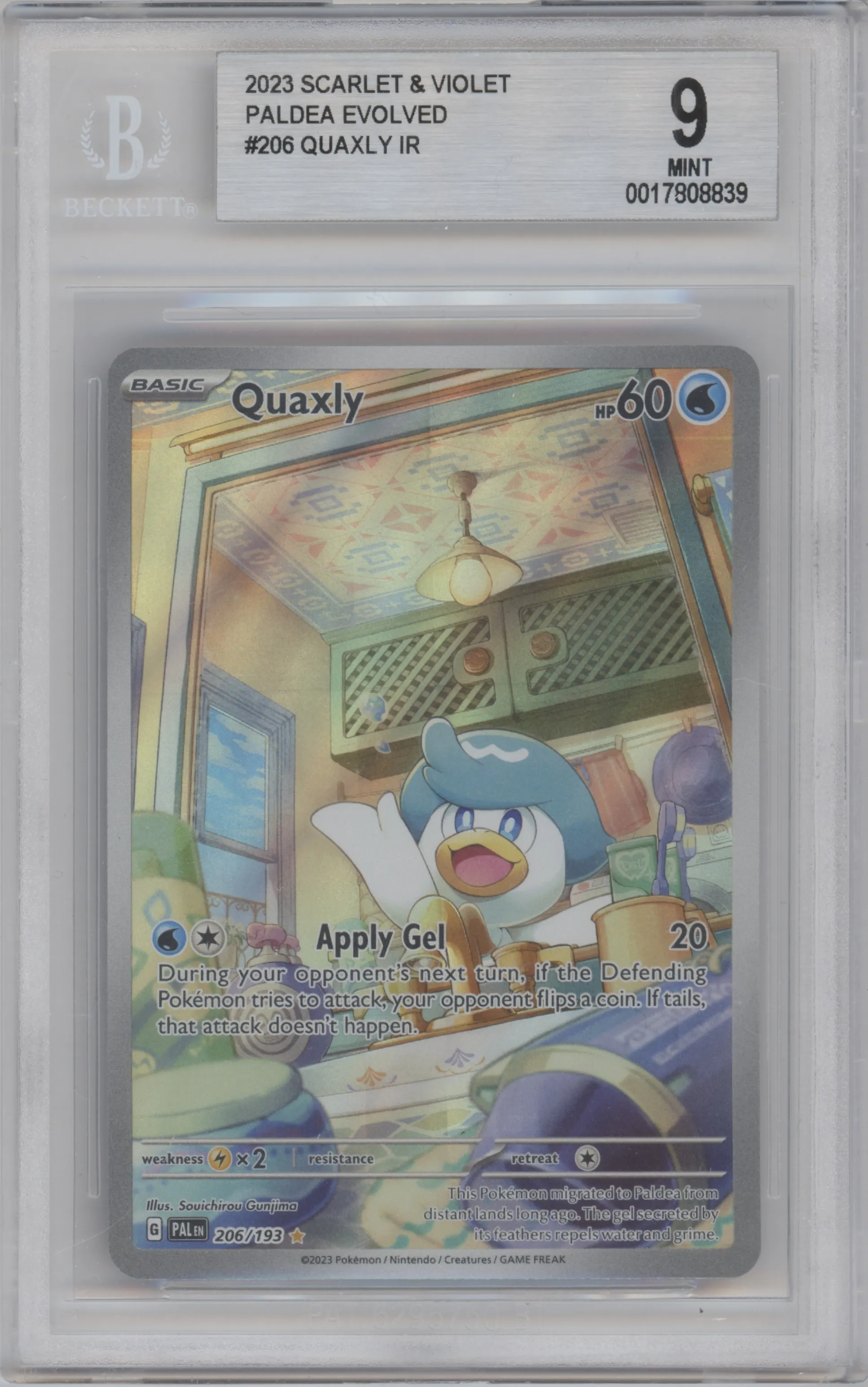 Quaxly from the 2023 Pokemon SV set graded by Beckett and given an overall grade of 9.