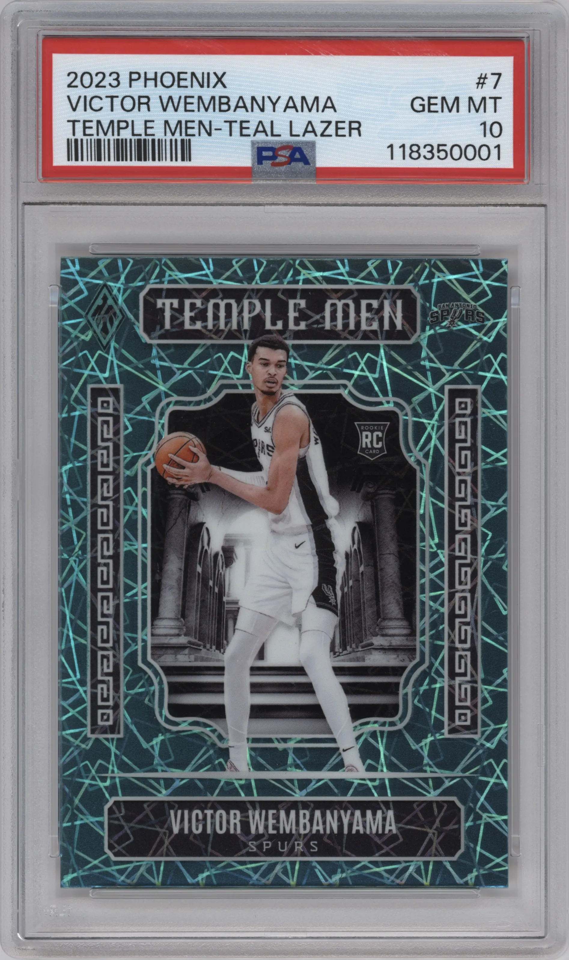 Victor Wembanyama from the 2023-24 Panini Phoenix set featuring a Teal Lazer parallel graded by PSA and given an overall grade of 10.
