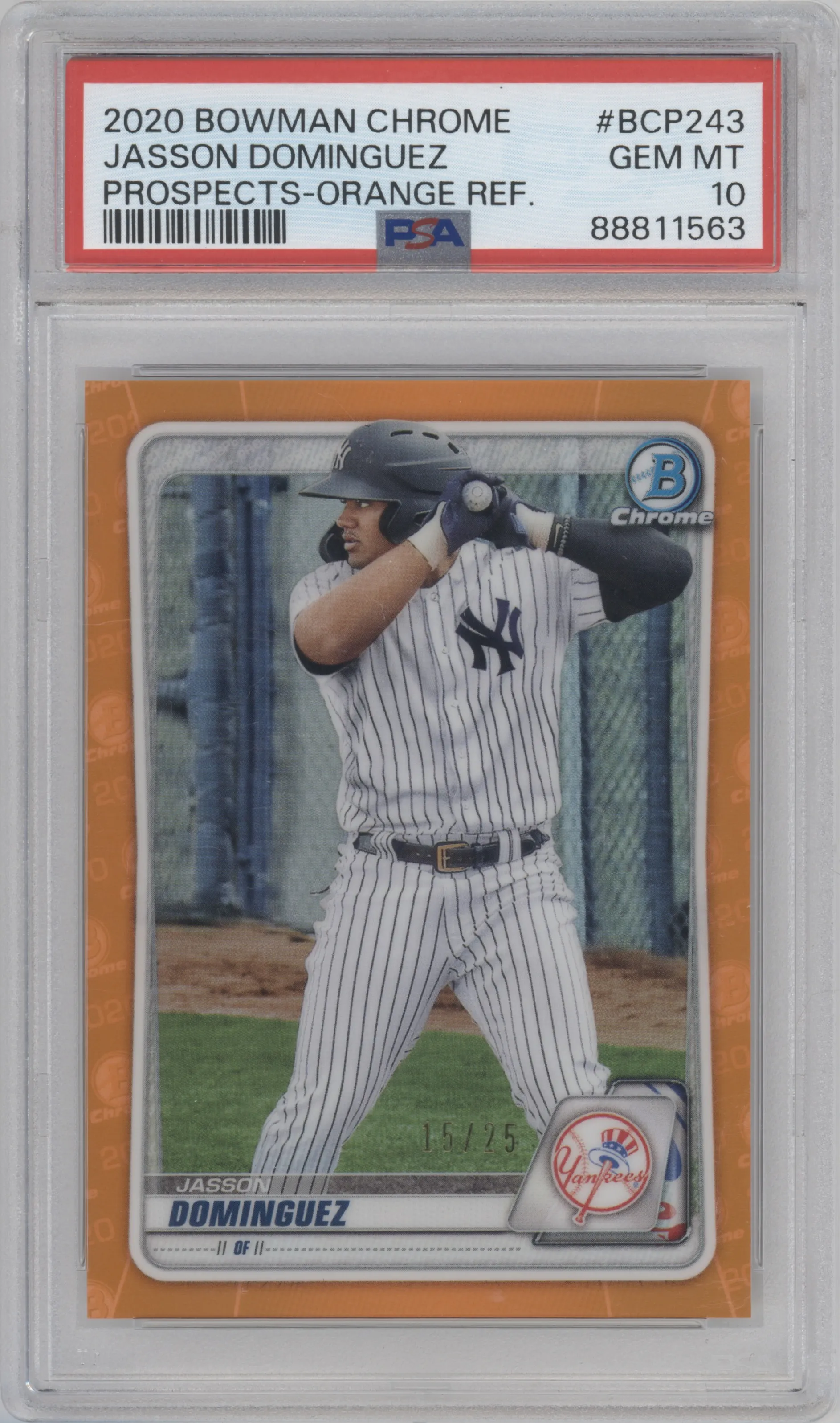 Jasson Dominguez from the 2020 Bowman Draft set featuring a Orange Refractor  parallel graded by PSA and given an overall grade of 10.