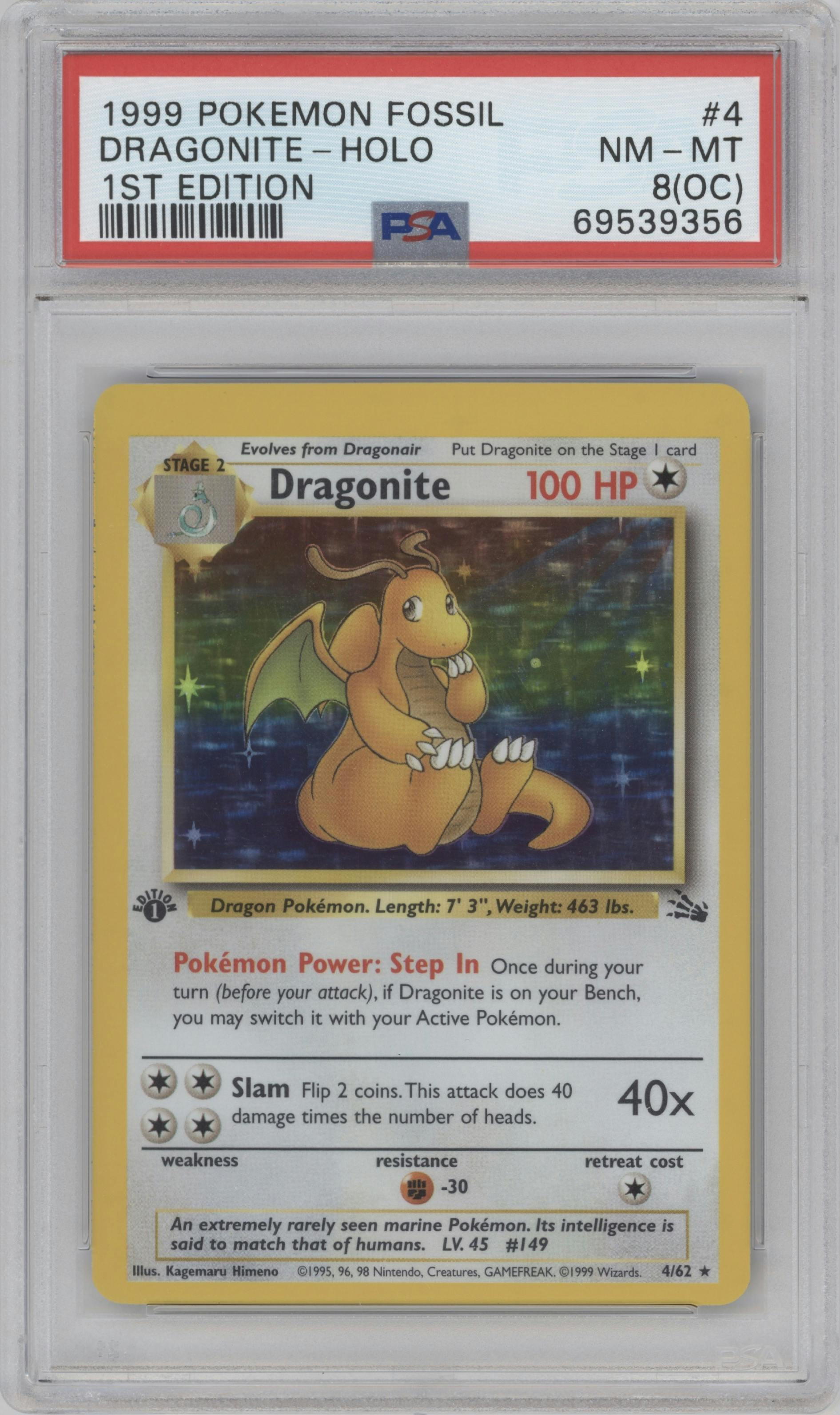 Dragonite from the 1999 Pokemon set graded by PSA and given an overall grade of 8.
