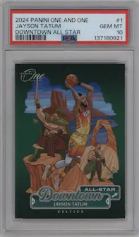 Jayson Tatum from the 2024-25 Panini One and One set graded by PSA and given an overall grade of 10.