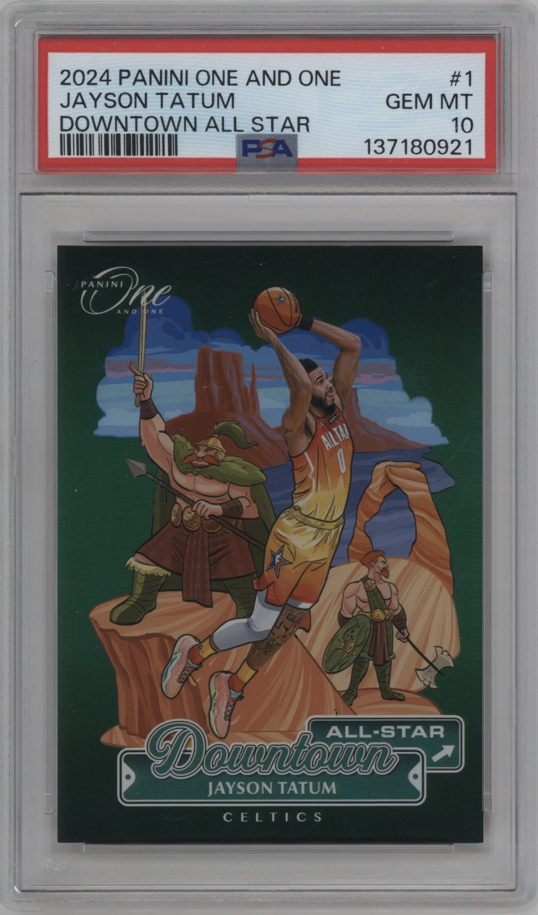 Jayson Tatum from the 2024-25 Panini One and One set graded by PSA and given an overall grade of 10.