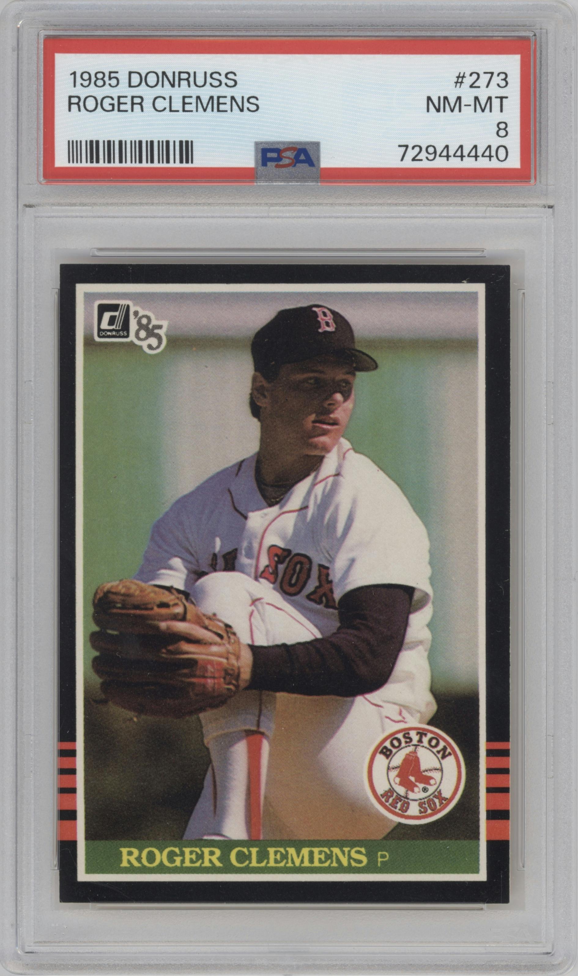 Roger Clemens from the 1985 Donruss set graded by PSA and given an overall grade of 8.