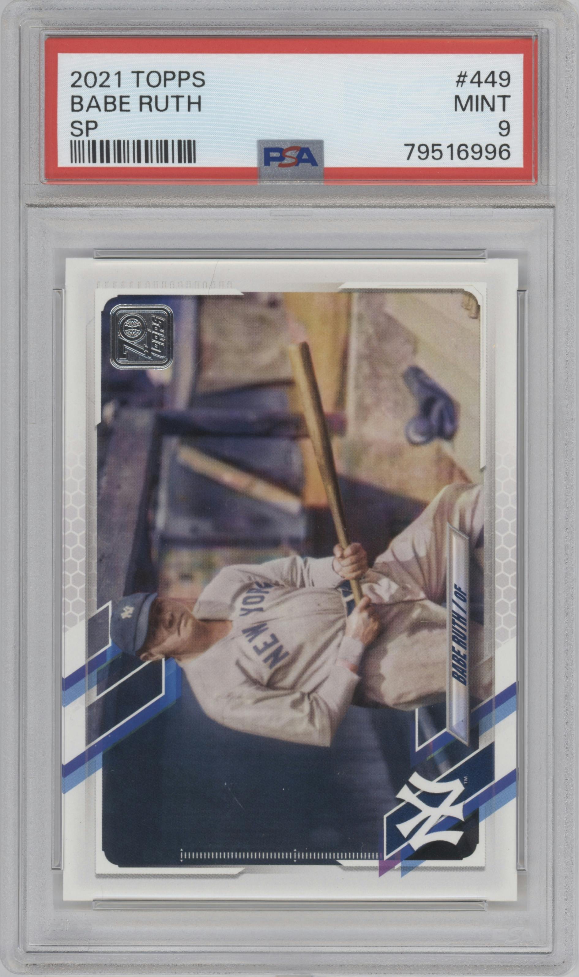 Babe Ruth from the 2021 Topps set graded by PSA and given an overall grade of 9.