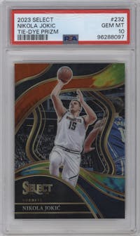 Nikola Jokic from the 2023-24 Panini Select  set featuring a Tie-Dye parallel graded by PSA and given an overall grade of 10.