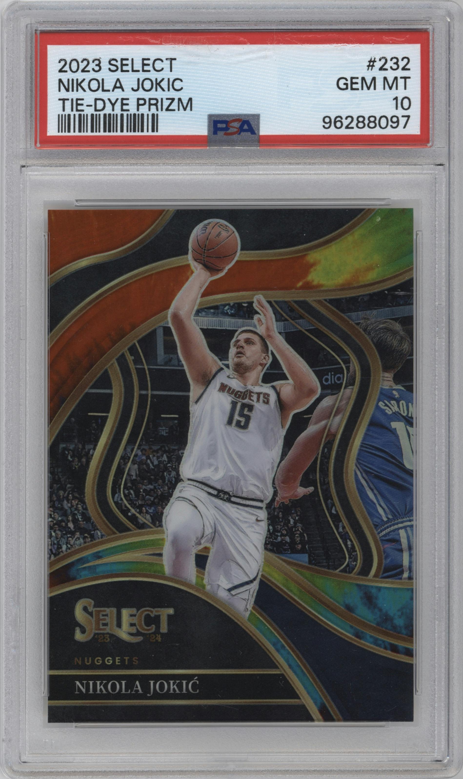 Nikola Jokic from the 2023-24 Panini Select  set featuring a Tie-Dye parallel graded by PSA and given an overall grade of 10.
