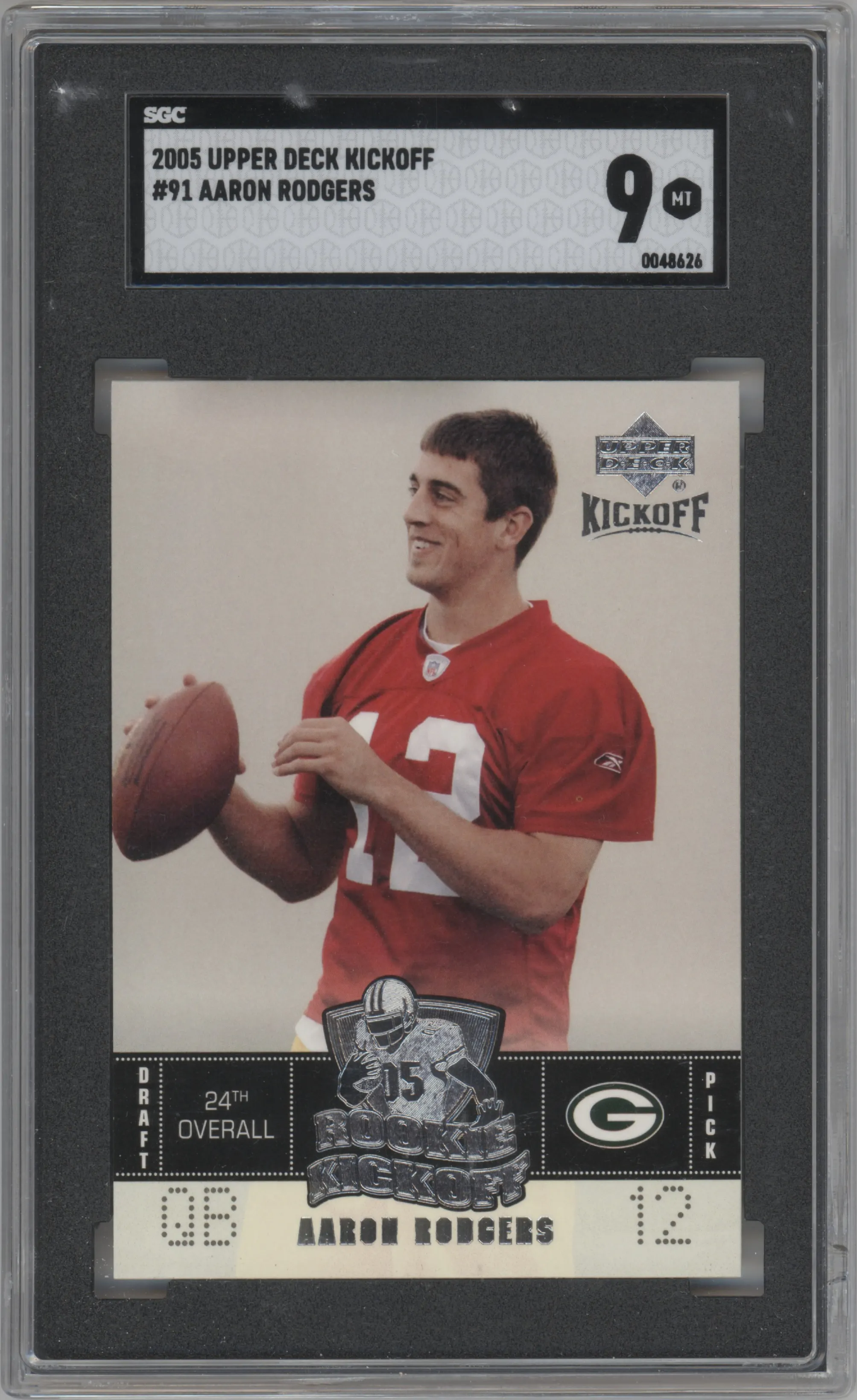 Aaron Rodgers from the 2005 Upper Deck Kickoff set graded by SGC and given an overall grade of 9.