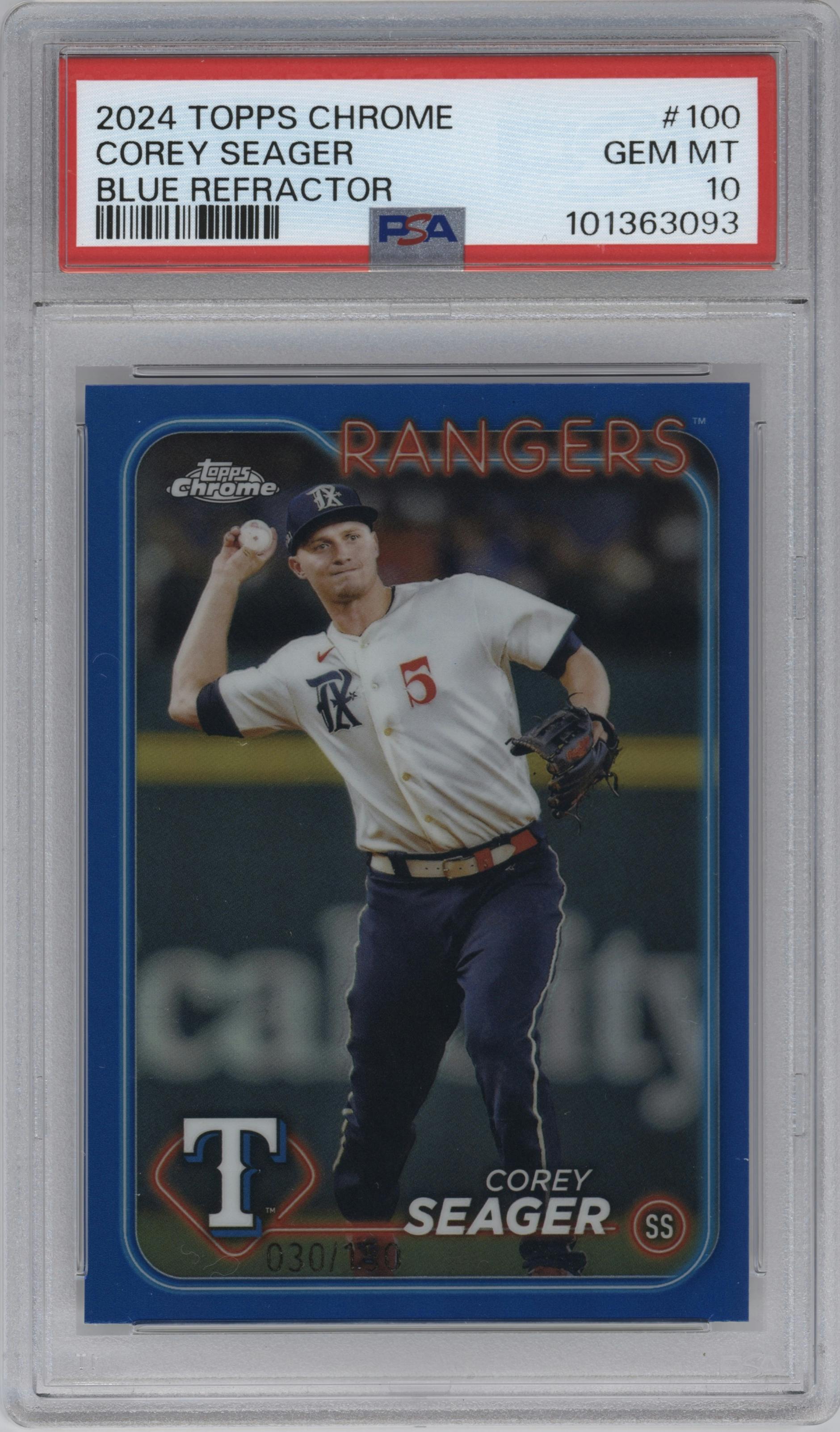 Corey Seager from the 2024 Topps Chrome set featuring a Blue Refractor parallel graded by PSA and given an overall grade of 10.