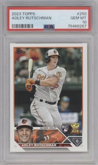 Adley Rutschman from the 2023 Topps Series 1 set graded by PSA and given an overall grade of 10.