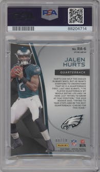 Jalen Hurts from the 2020 Panini Spectra set featuring a Neon Orange parallel graded by PSA and given an overall grade of 8.