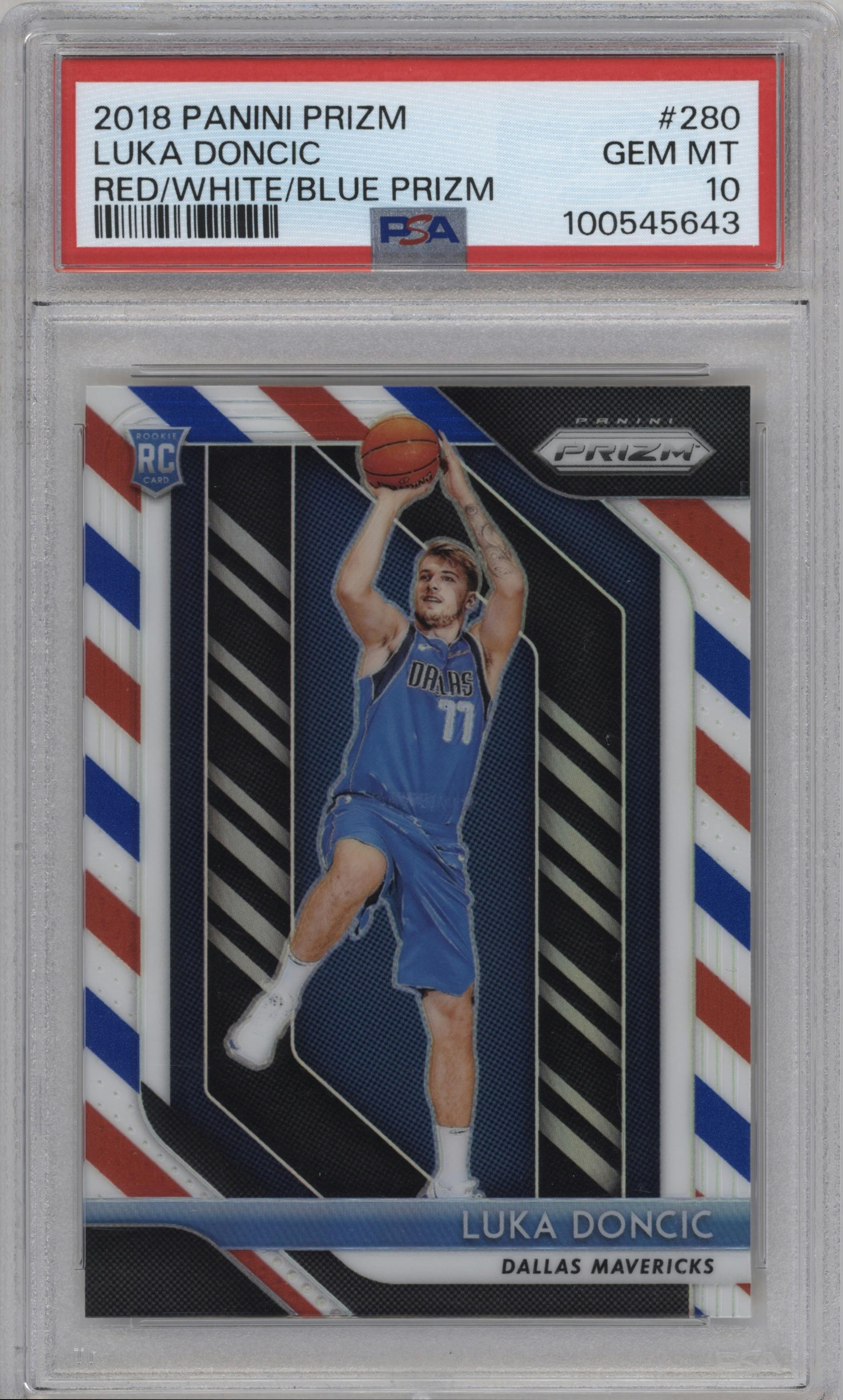Luka Doncic from the 2018-19 Panini Prizm set featuring a Red White Blue Prizm parallel graded by PSA and given an overall grade of 10.