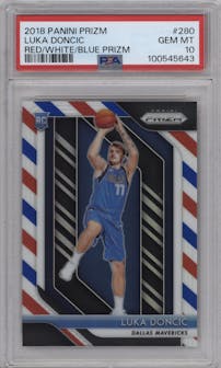 Luka Doncic from the 2018-19 Panini Prizm set featuring a Red White Blue Prizm parallel graded by PSA and given an overall grade of 10.